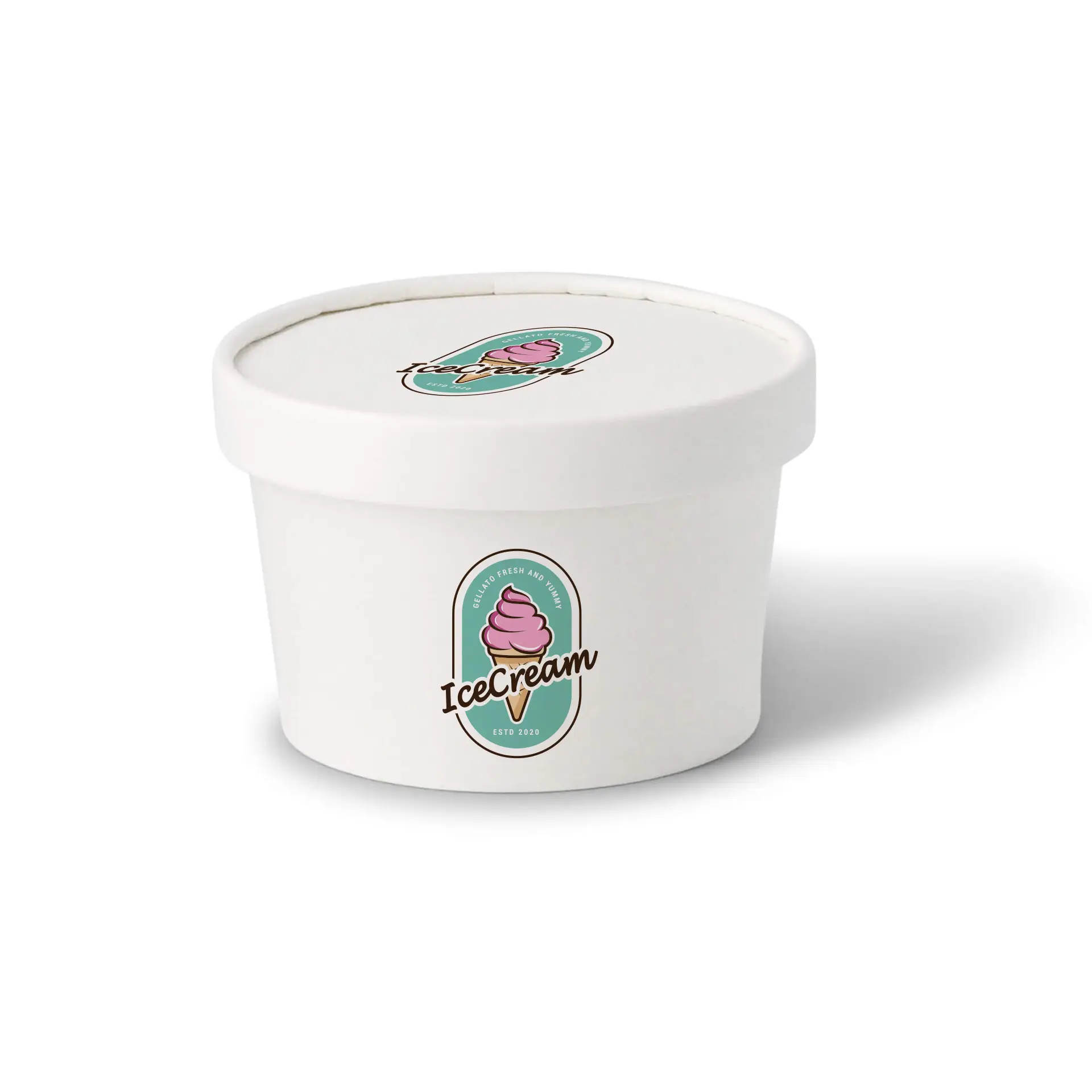 Coperchio in cartone bianco personalizzato per bicchieri, con logo a forma di cono gelato, ideale per uso da asporto.