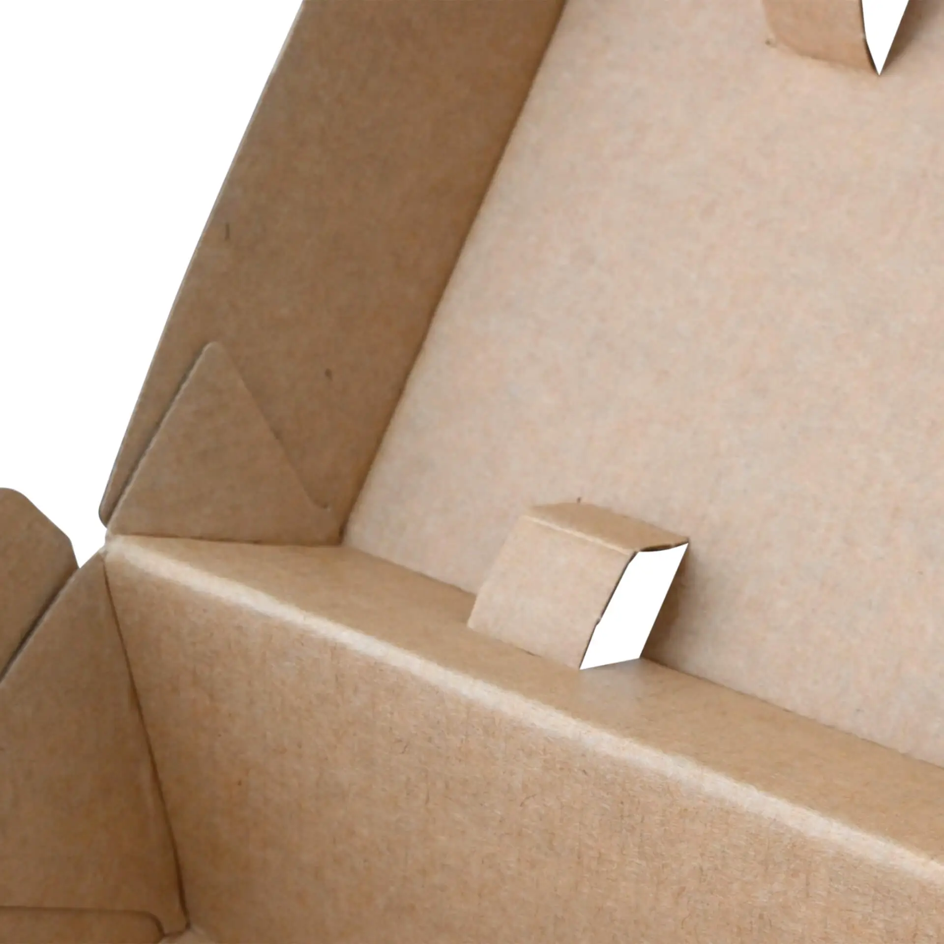 Scatola robusta in cartone kraft marrone con coperchio a cerniera, progettata per cibo da asporto, con alette piegate per ventilazione.