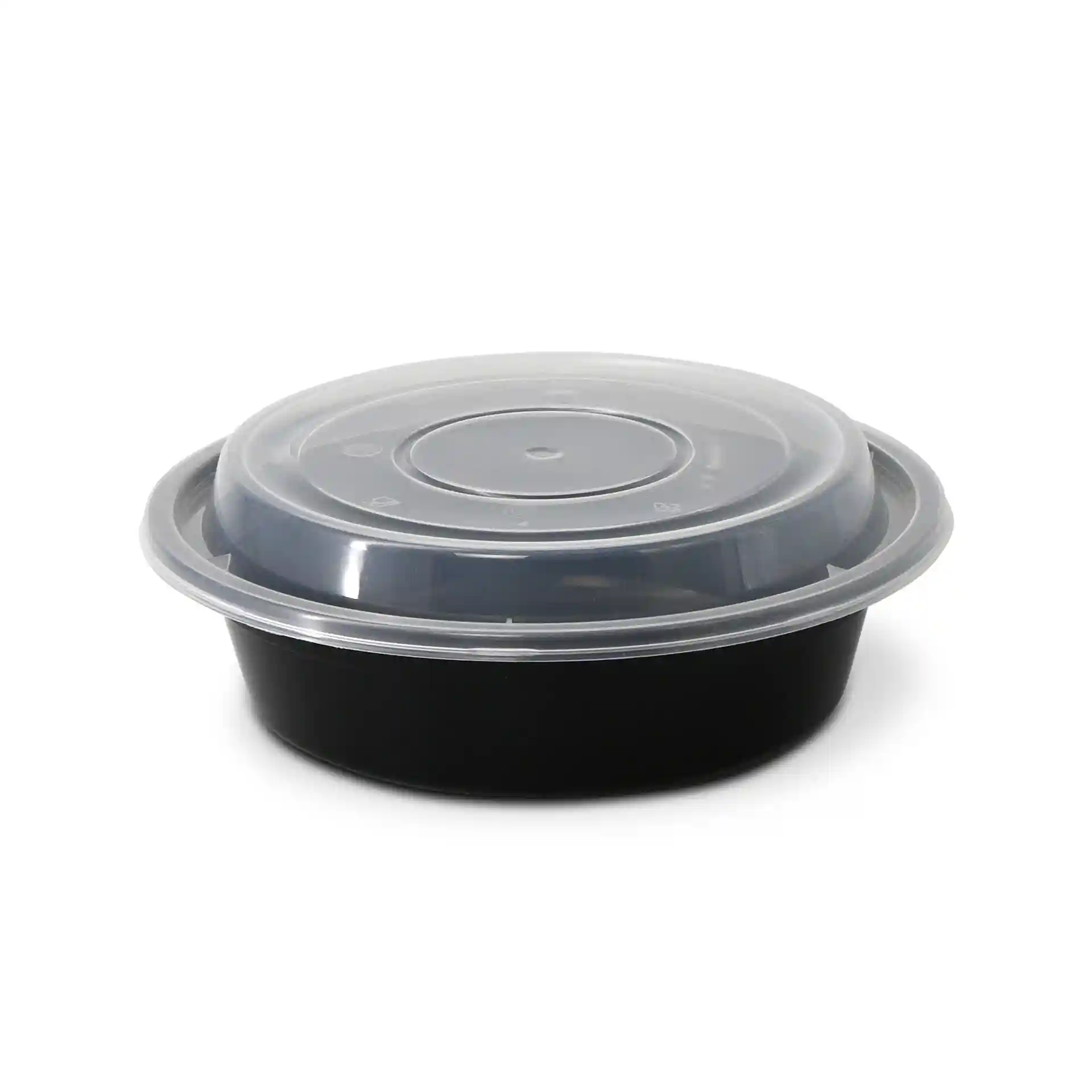 Piatto rotondo nero riutilizzabile con coperchio trasparente, capacità di 450 ml, diametro di 158 mm.