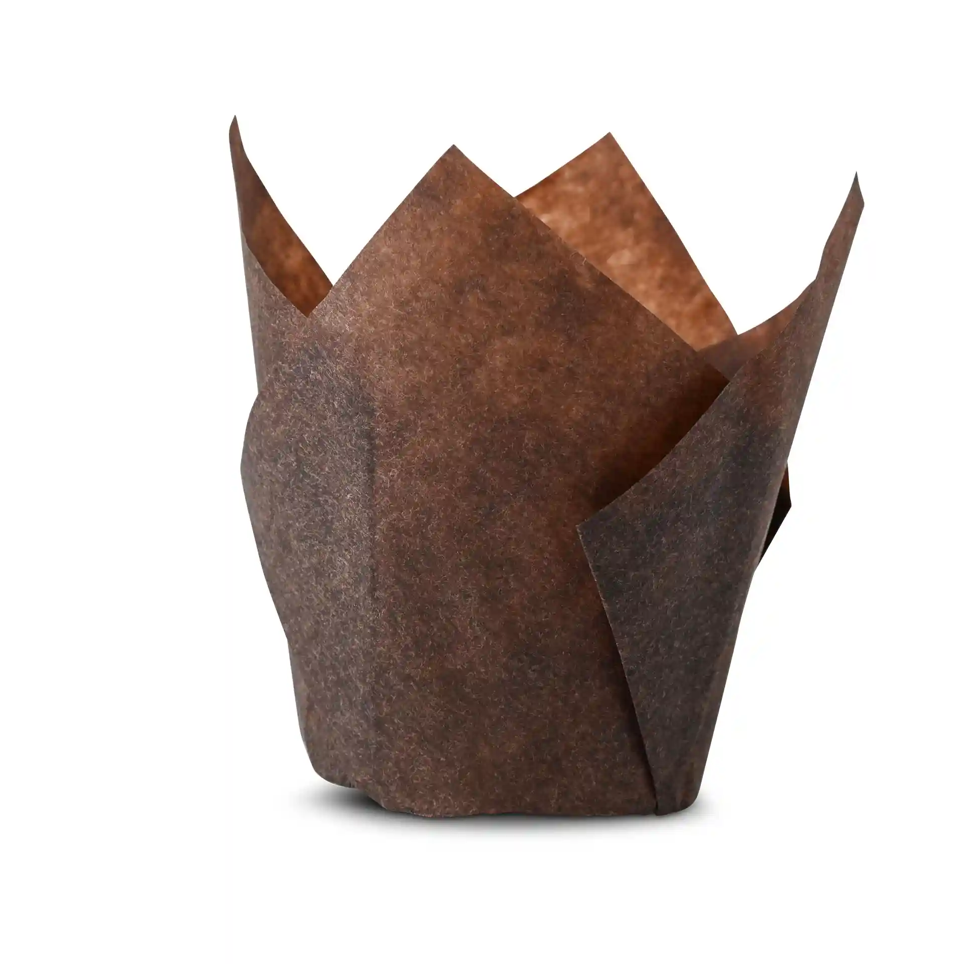 Cup di carta marrone per muffin con design svasato, altezza di 80 mm e diametro alla base di 50 mm.