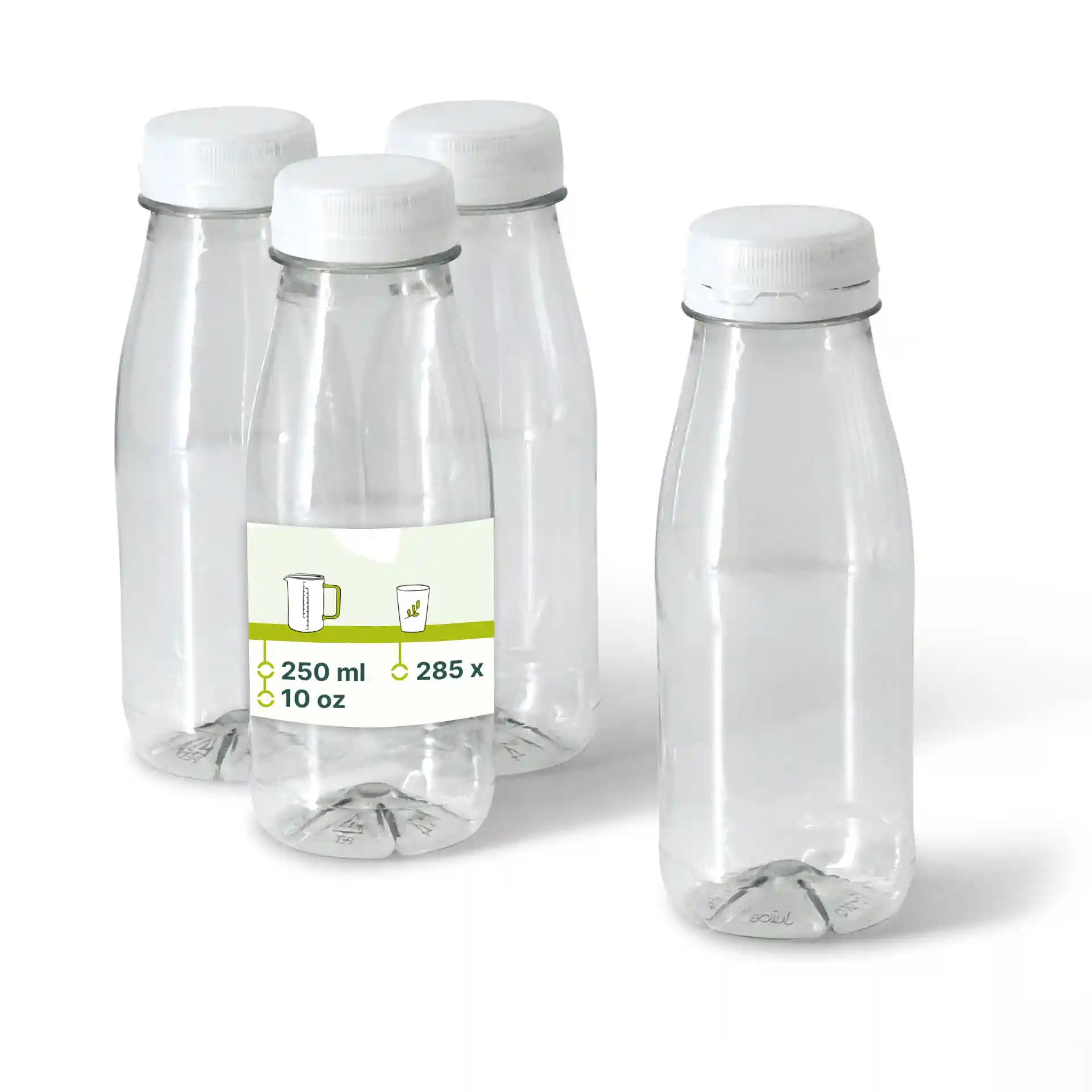 Bottiglia rPET trasparente con un tappo bianco, capacità di 250 ml, circondata da tre bottiglie simili su sfondo bianco.