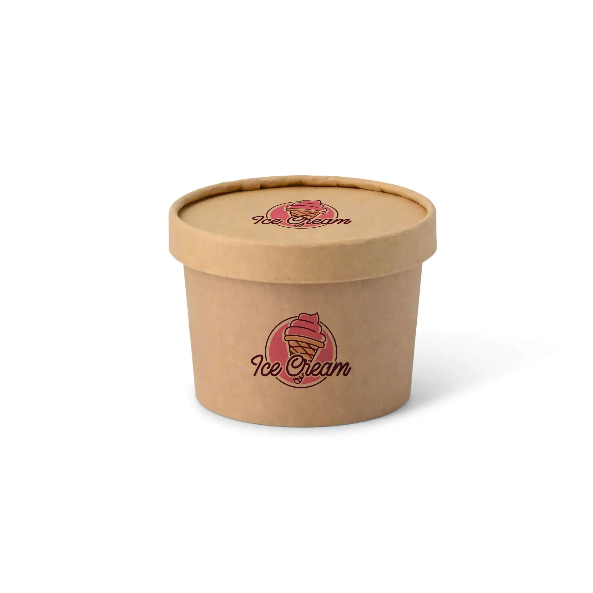Coppetta di cartone marrone per gelato con un coperchio stampato personalizzato con un logo di cono gelato.