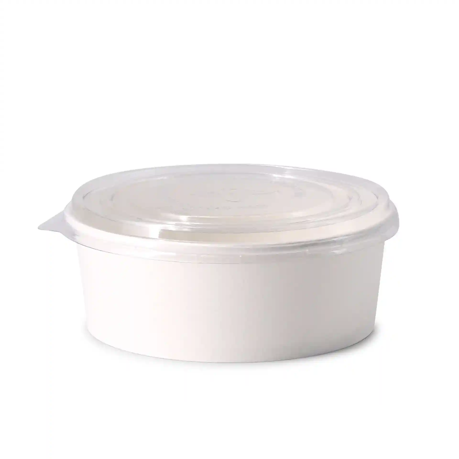 Ciotola rotonda in cartone bianco con coperchio trasparente, capacità di 1000 ml, diametro 185 mm, altezza 67 mm.