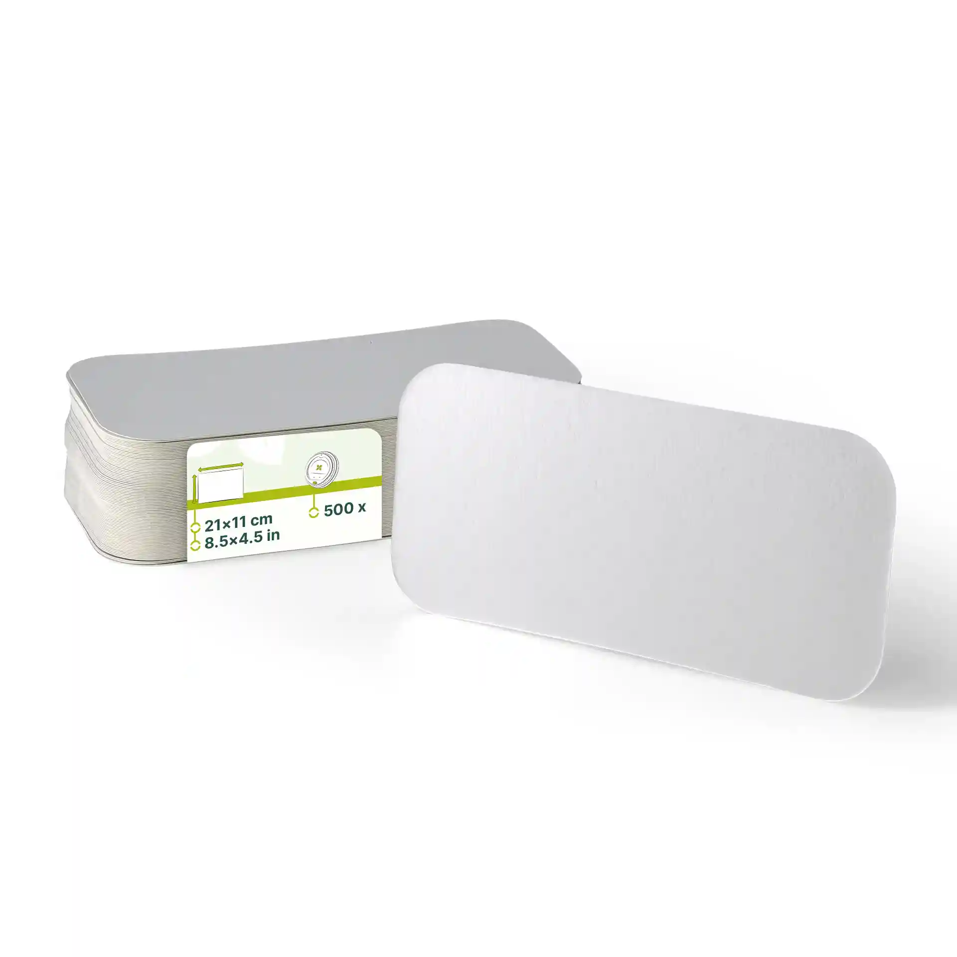Pila di coperchi in cartone di alluminio rettangolari, uno leggermente sollevato, dimensioni di 212 mm per 108 mm.