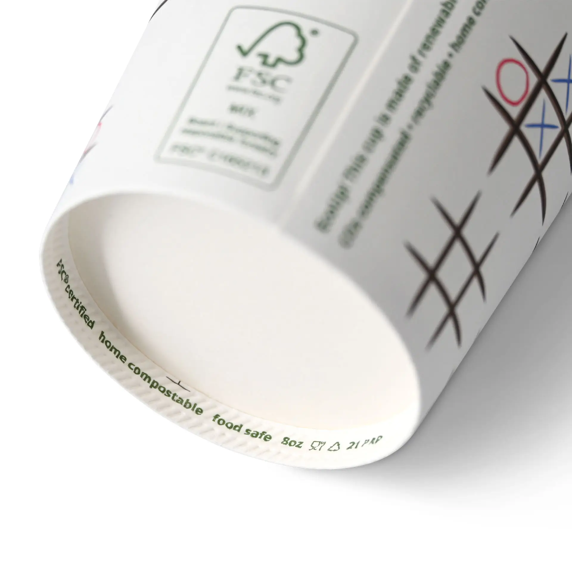 Pappbecher bedruckt "Tic Tac Toe" 200 ml / 8 oz, Ø 80 mm, weiß