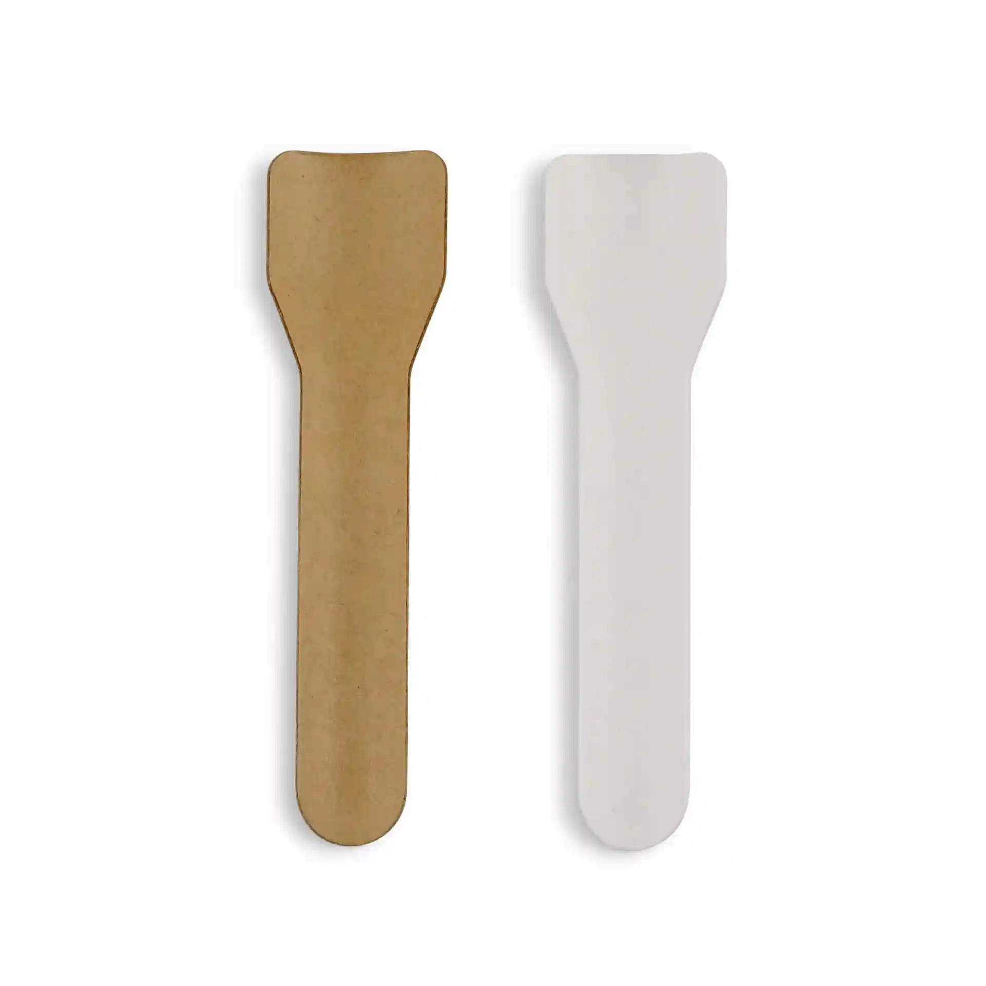 Immagine di due cucchiaini di carta per gelato, uno marrone e uno bianco, entrambi lunghi 9,5 cm.