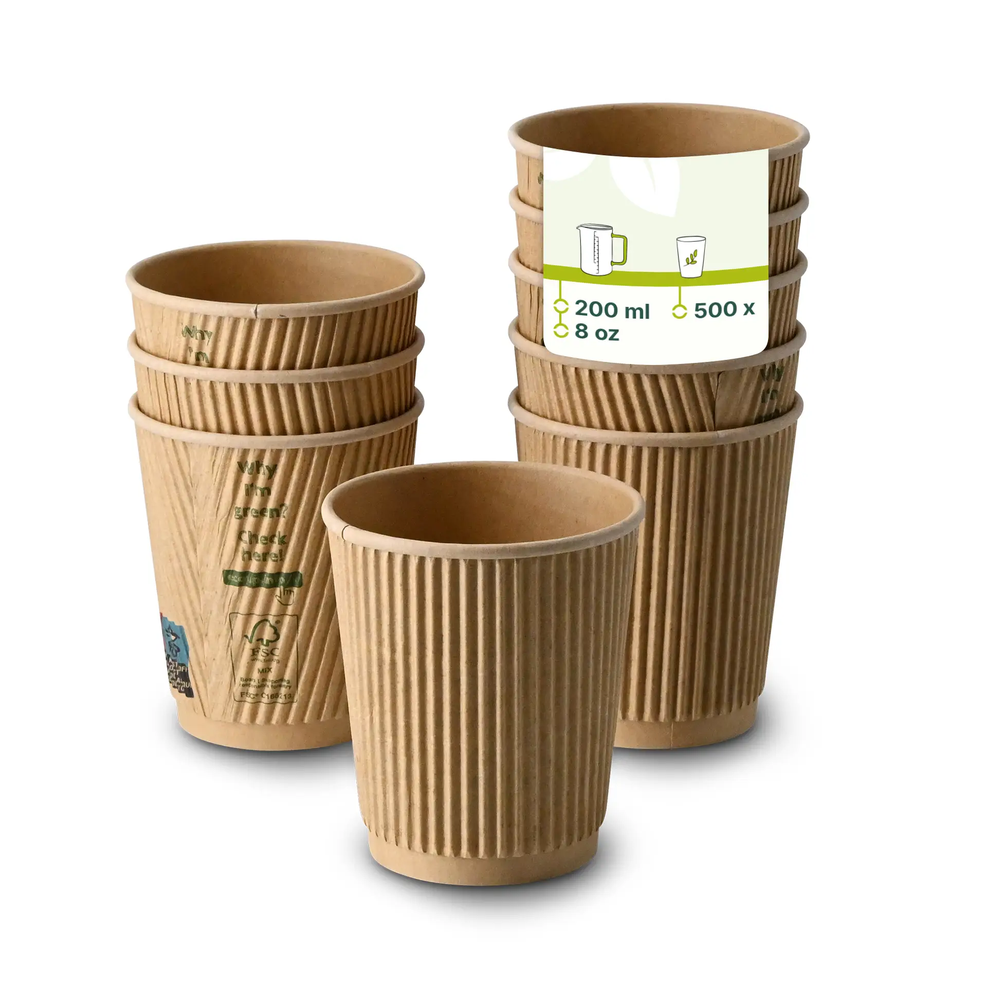 Una tazza da caffè a righe da 8 oz di colore kraft; diverse tazze simili mostrate con opacità ridotta. Rivestimento interno in PLA e design a parete ondulata.
