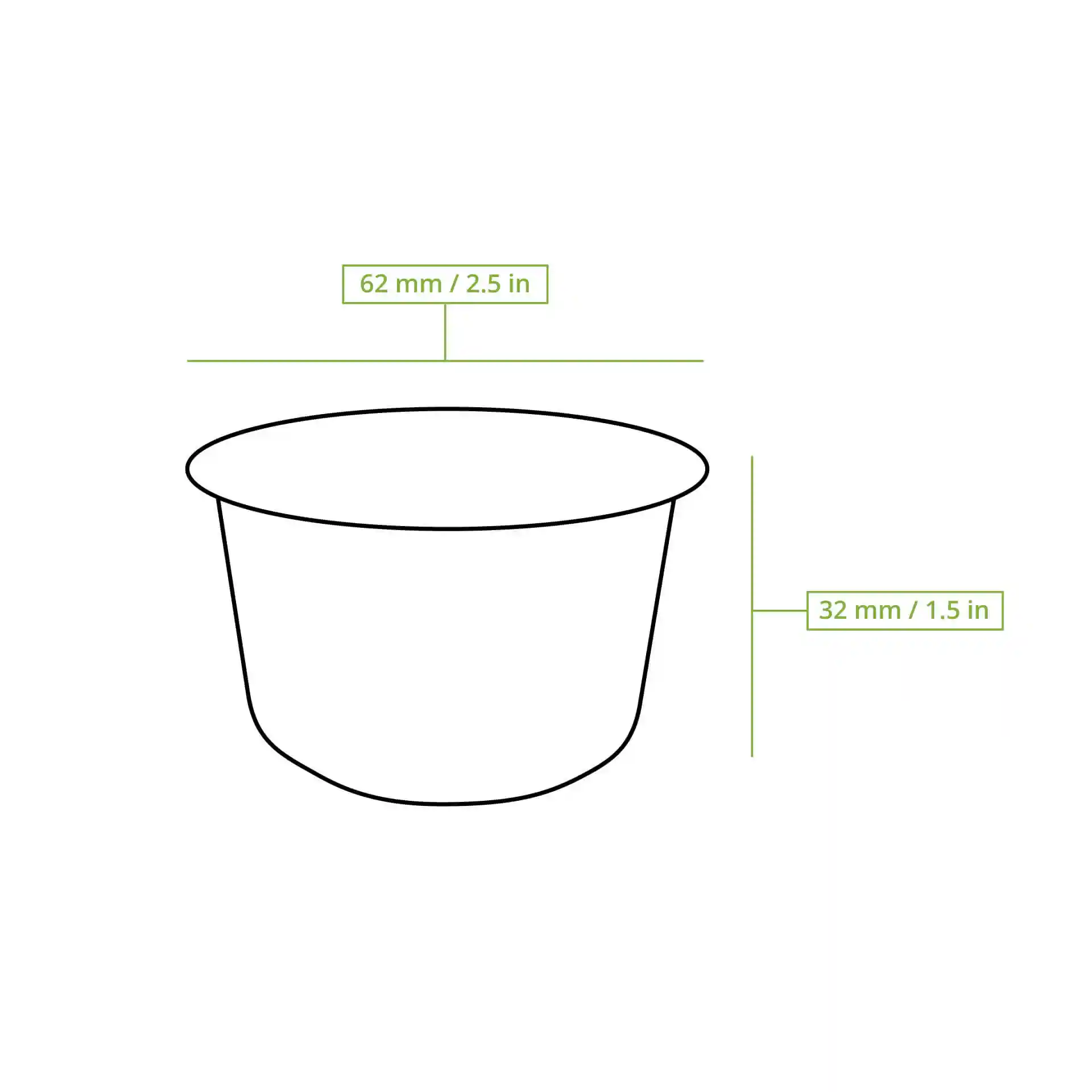 Disegno schematico di una ciotola per dip in bagassa con diametro di 62 mm e altezza di 32 mm.