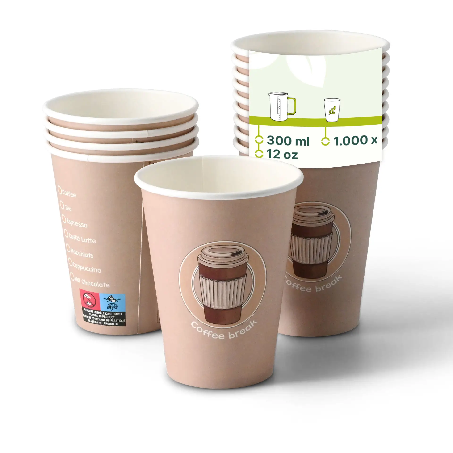 Bicchieri di carta marroni con un design stampato, con un'illustrazione di una tazza di caffè e il testo "Pausa caffè."