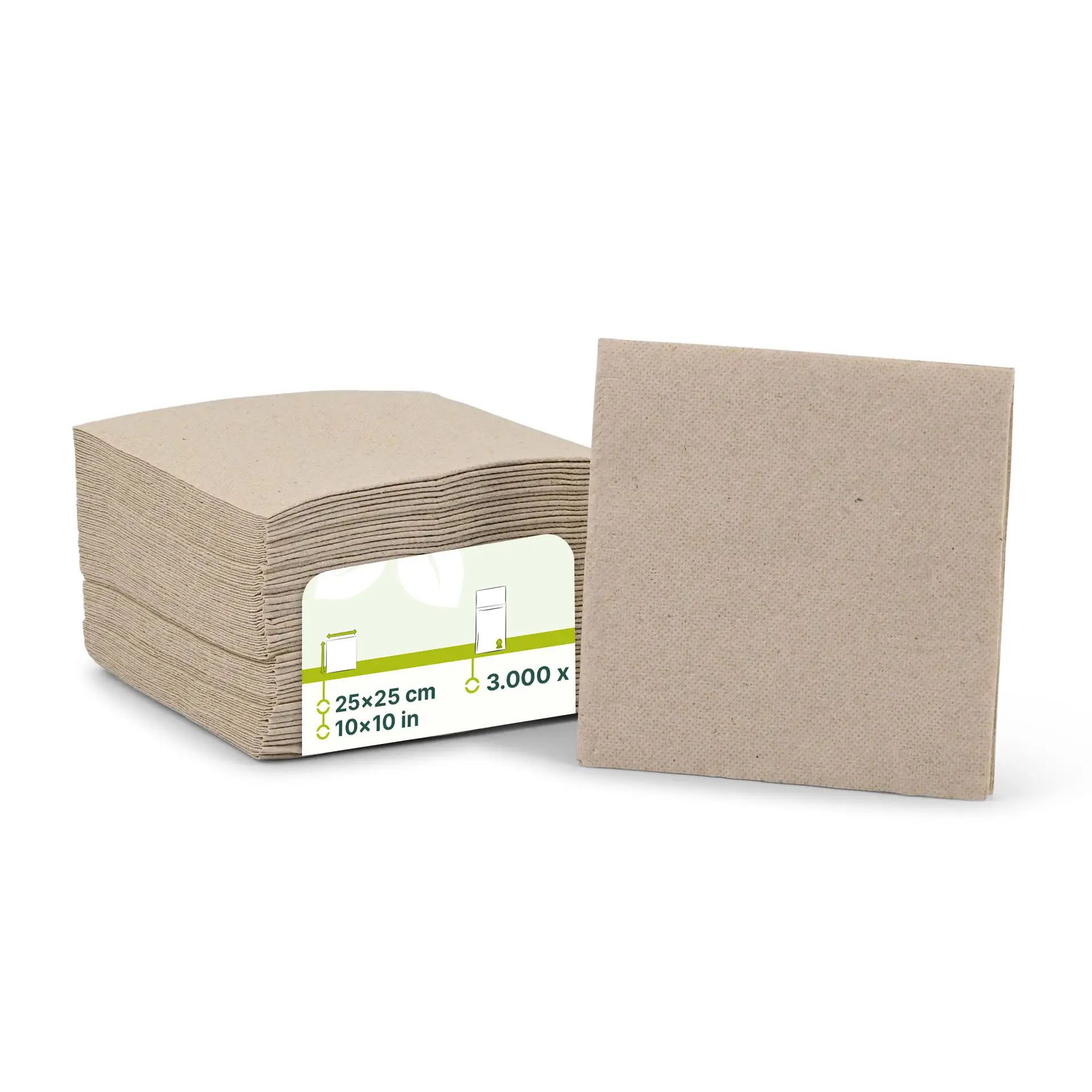 Pila di tovaglioli in carta riciclata non sbiancata, 2 veli, 25 x 25 cm, con un tovagliolo esposto in verticale.
