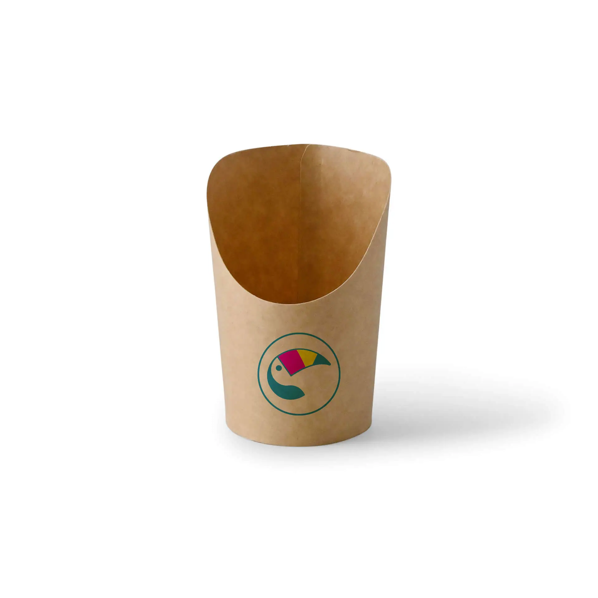 Cup per snack in cartone kraft stampato su misura con un design colorato del logo, adatto per take away ed eventi.