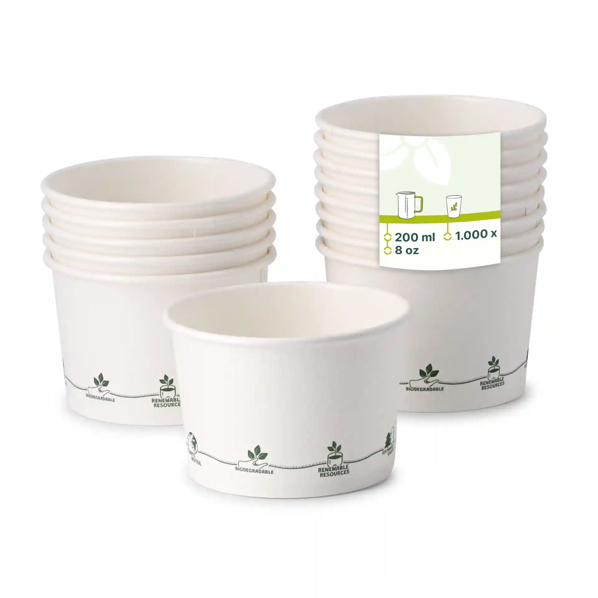 Pila di otto bicchieri di cartone da 8 oz per zuppa con design stampati, mostrando un bicchiere davanti e un'etichetta con icone.