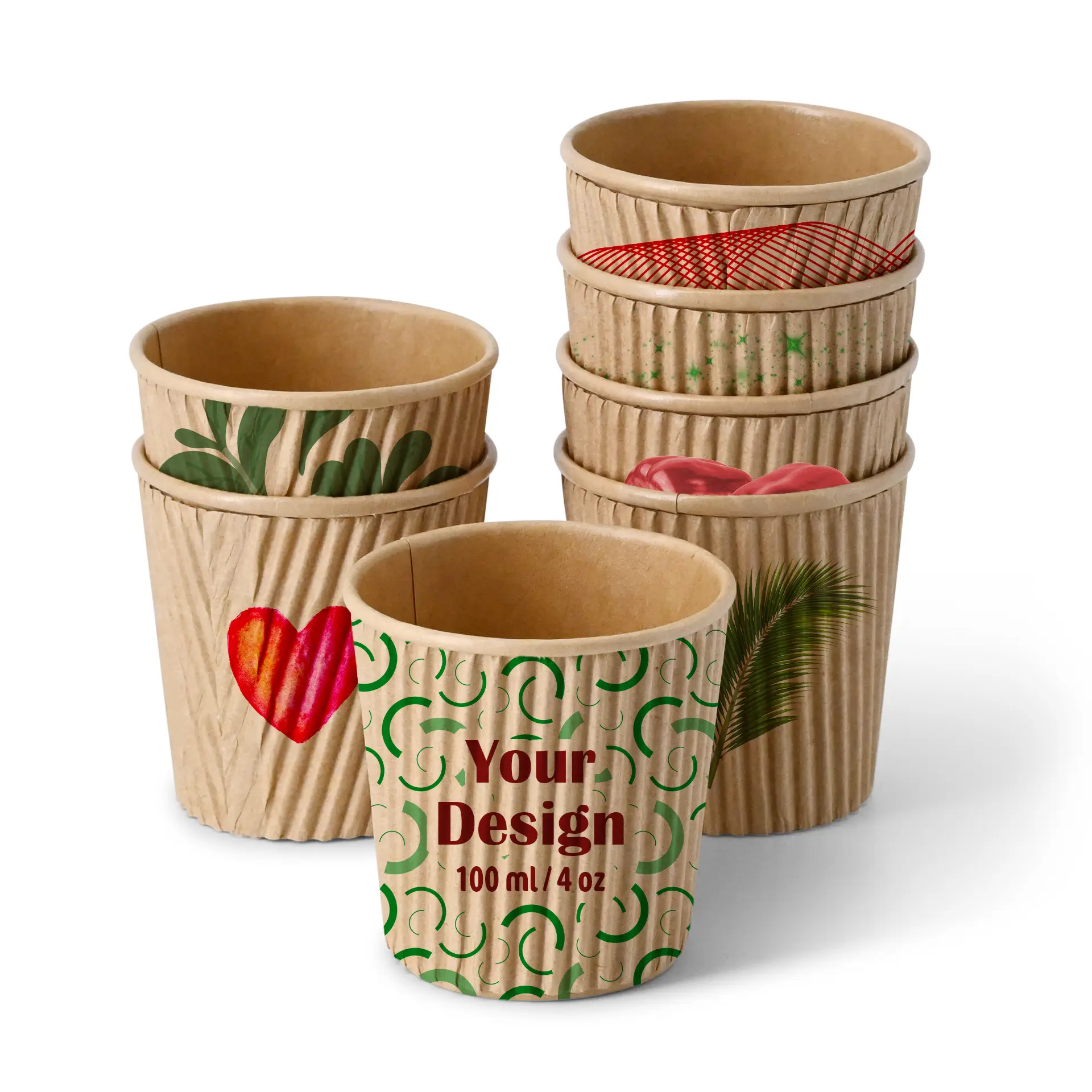 Tazze da asporto marroni rigate, progettate per bevande calde e fredde, con vari design stampati, tra cui un motivo a spirale verde e un cuore.