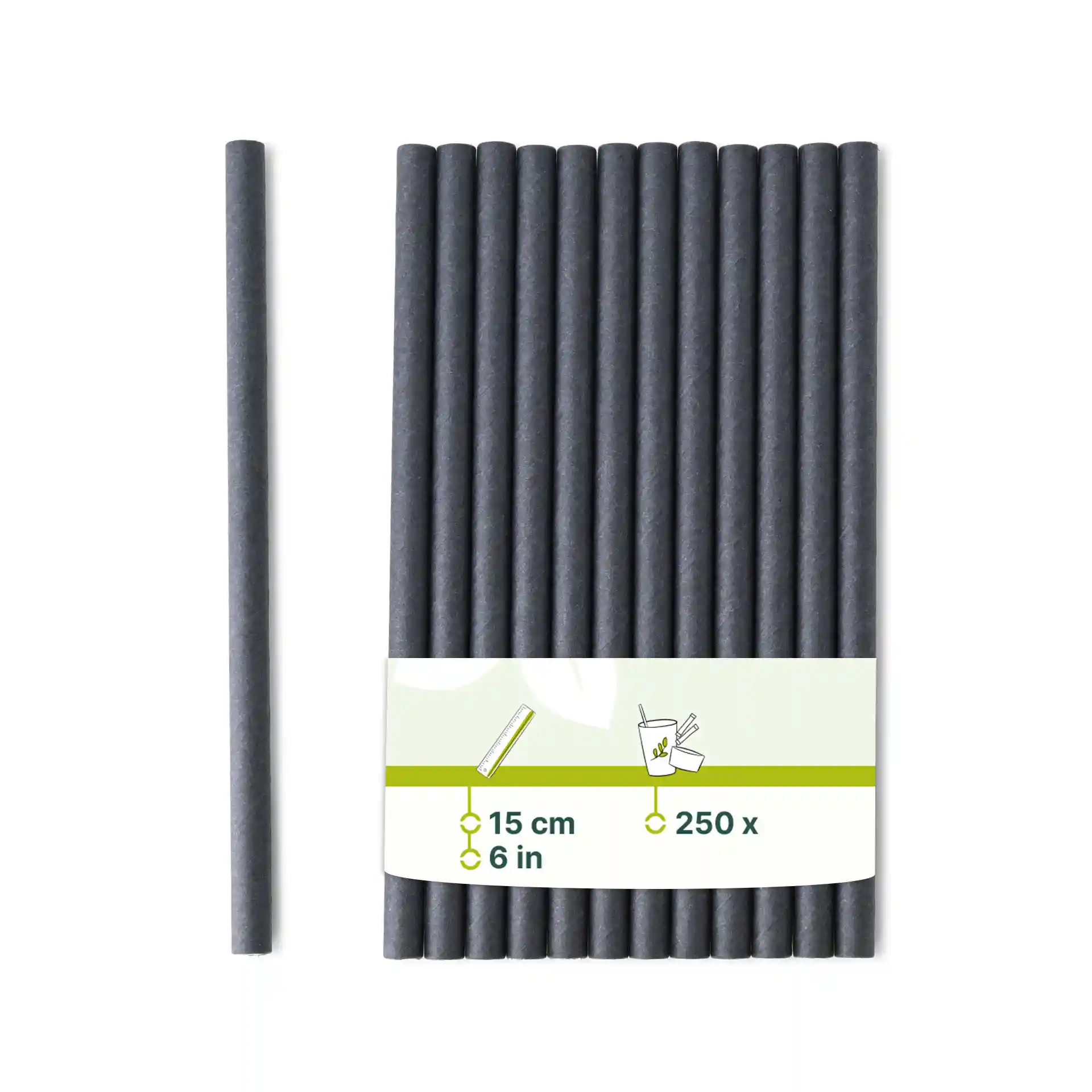 Cannucce da cocktail in carta nera, lunghe 15 cm e con un diametro di 0,7 cm, disposte con un'etichetta che mostra i dettagli del prodotto.