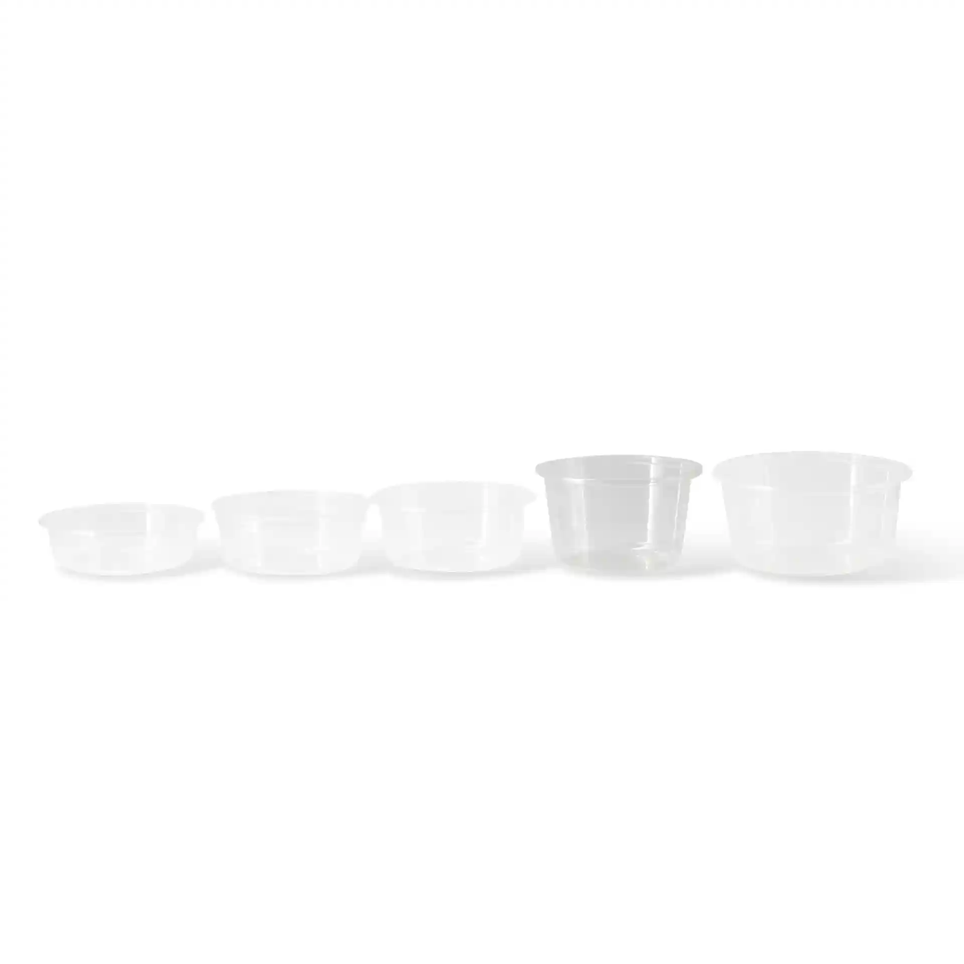Set di cinque contenitori rotondi trasparenti di diverse dimensioni, il più grande misura 121 mm di diametro.