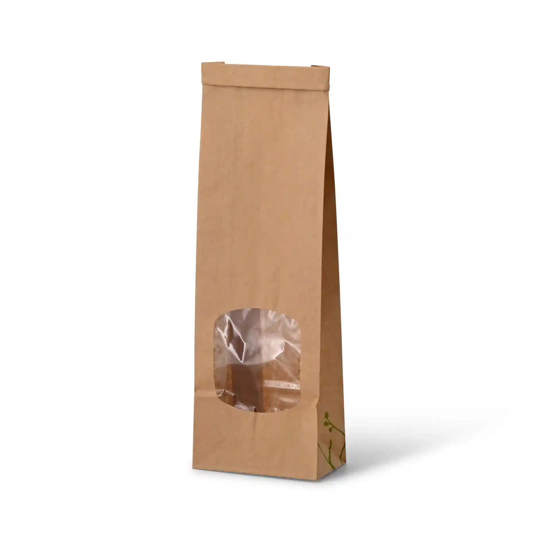 Busta in carta kraft marrone con fondo piatto e finestra trasparente, misura 8,8 x 4,7 x 26 cm.