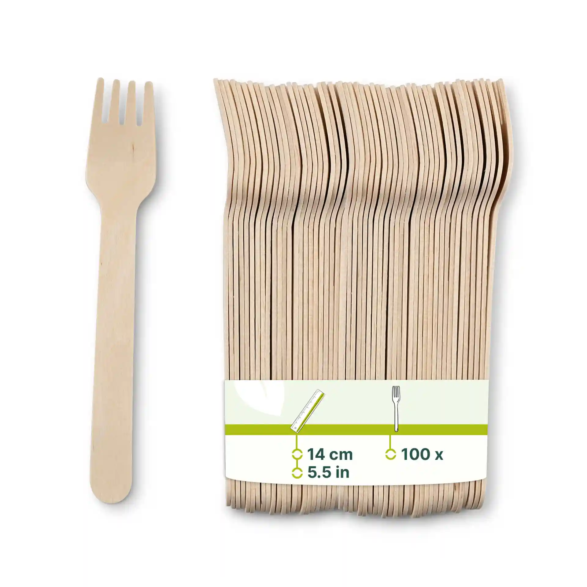 Forchetta in legno per torta, lunga 14 cm, con un pacco di più forchette e un'etichetta con dimensioni e quantità.