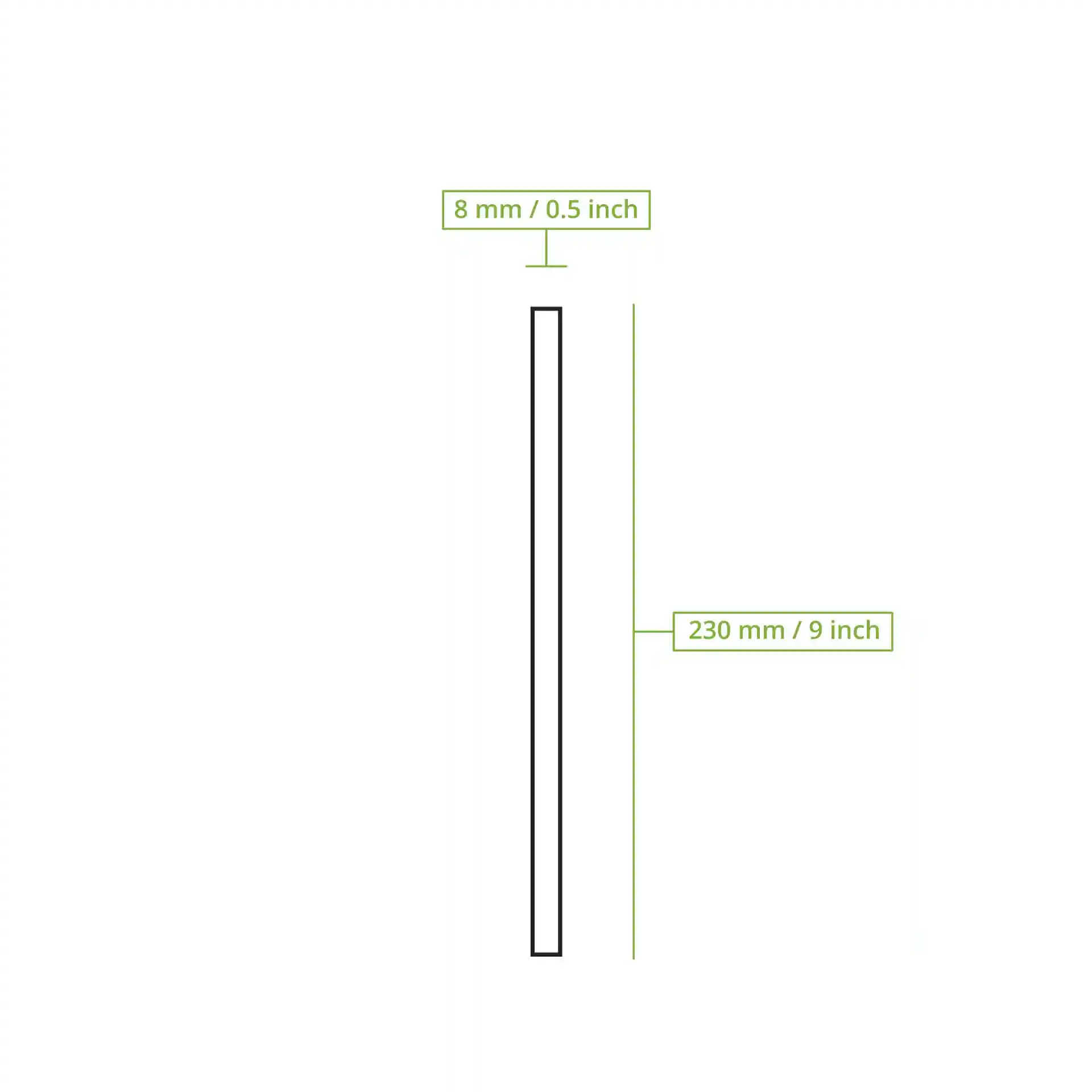 Disegno schematico di una cannuccia di carta con dimensioni etichettate: 230 mm di lunghezza e 8 mm di diametro.