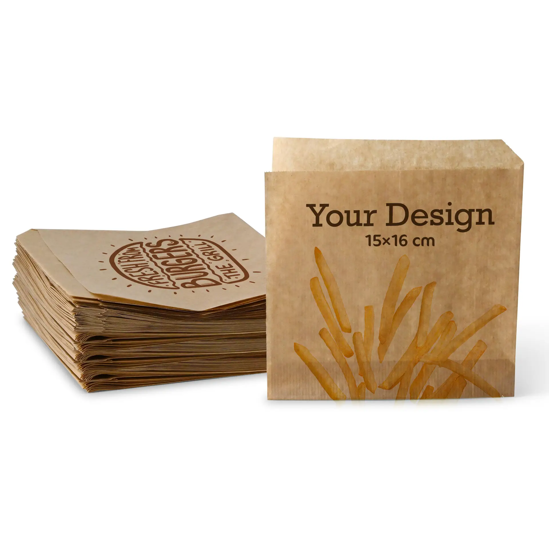 Buste per hamburger stampate, 15 x 16 cm, marroni