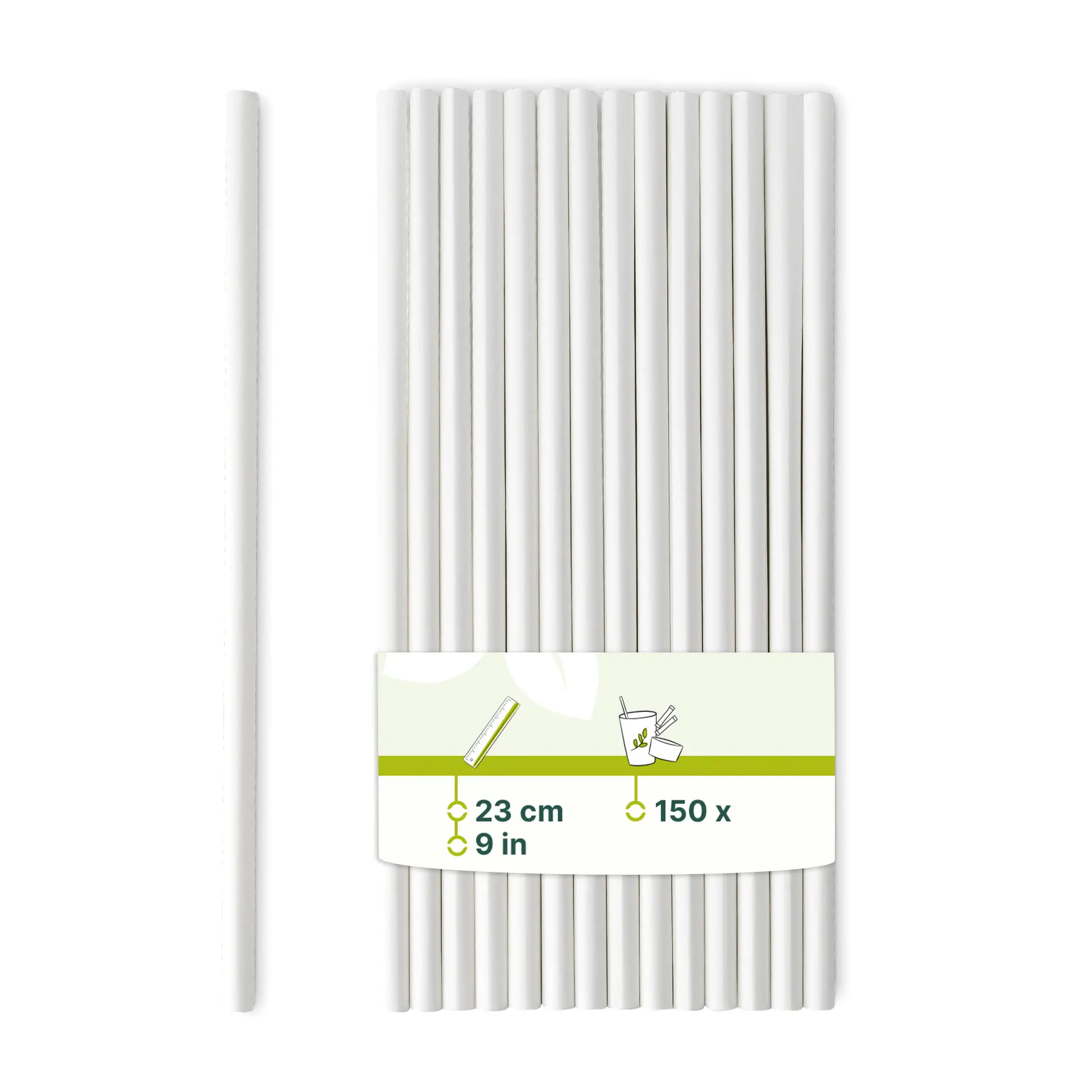 Una cannuccia di carta jumbo bianca con un'etichetta che indica le dimensioni (23 cm) tra diverse cannucce simili.