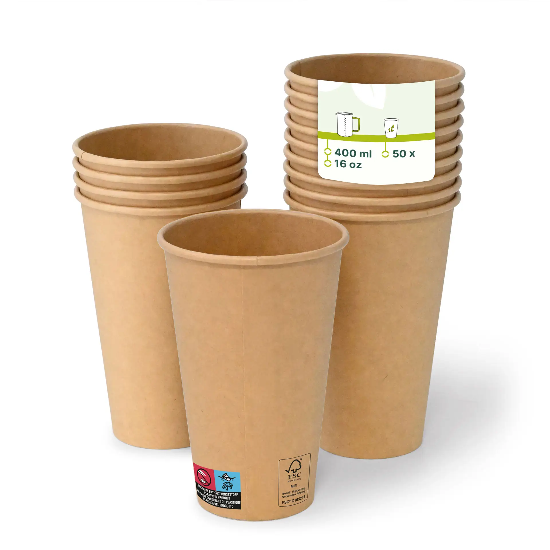 Un bicchiere di carta marrone (16 oz) a fuoco con altri impilati dietro; bicchiere con rivestimento in PE e design classico.