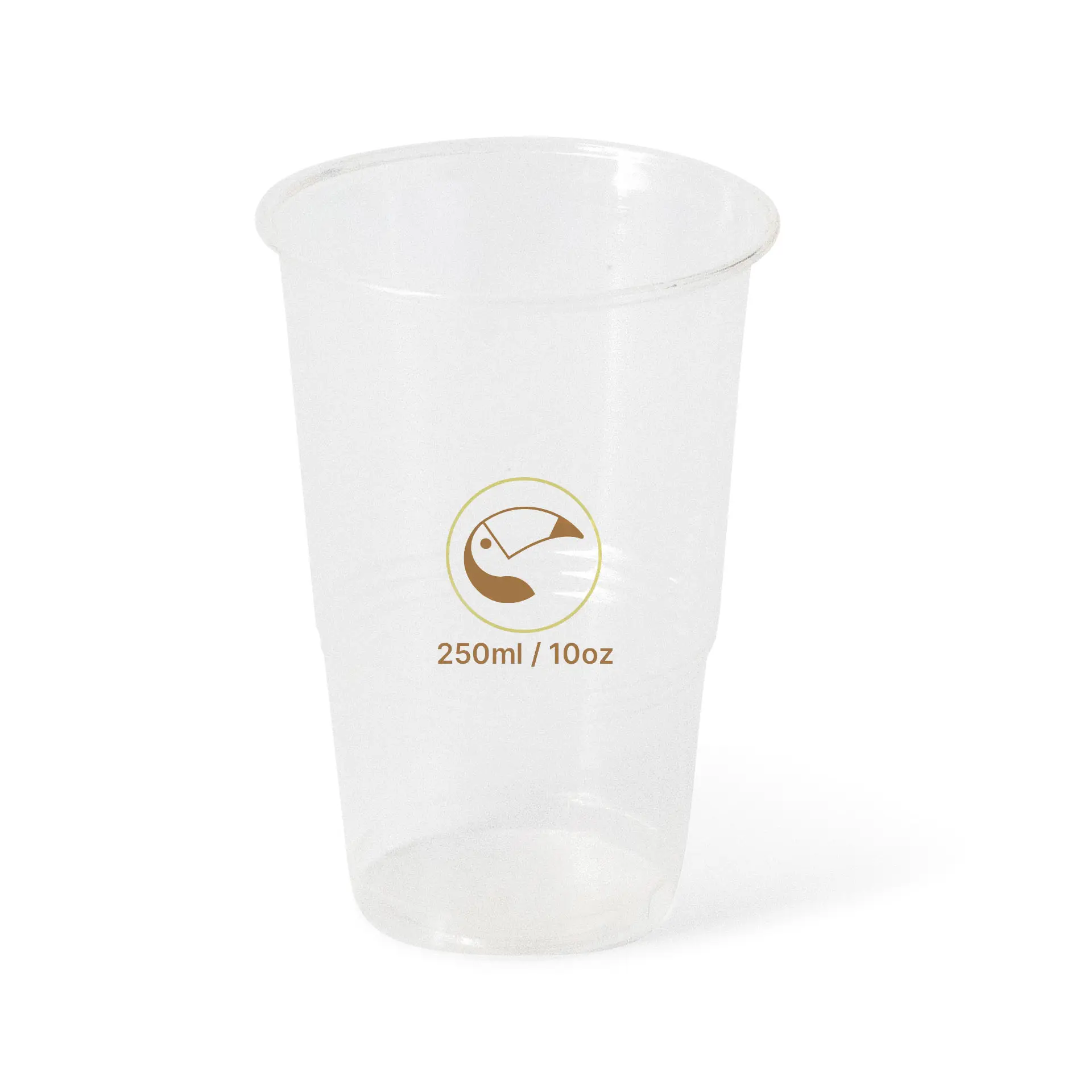 Bicchiere PLA trasparente da 10 oz per bevande fredde, con etichetta di capacità stampata. Design resistente e impilabile.