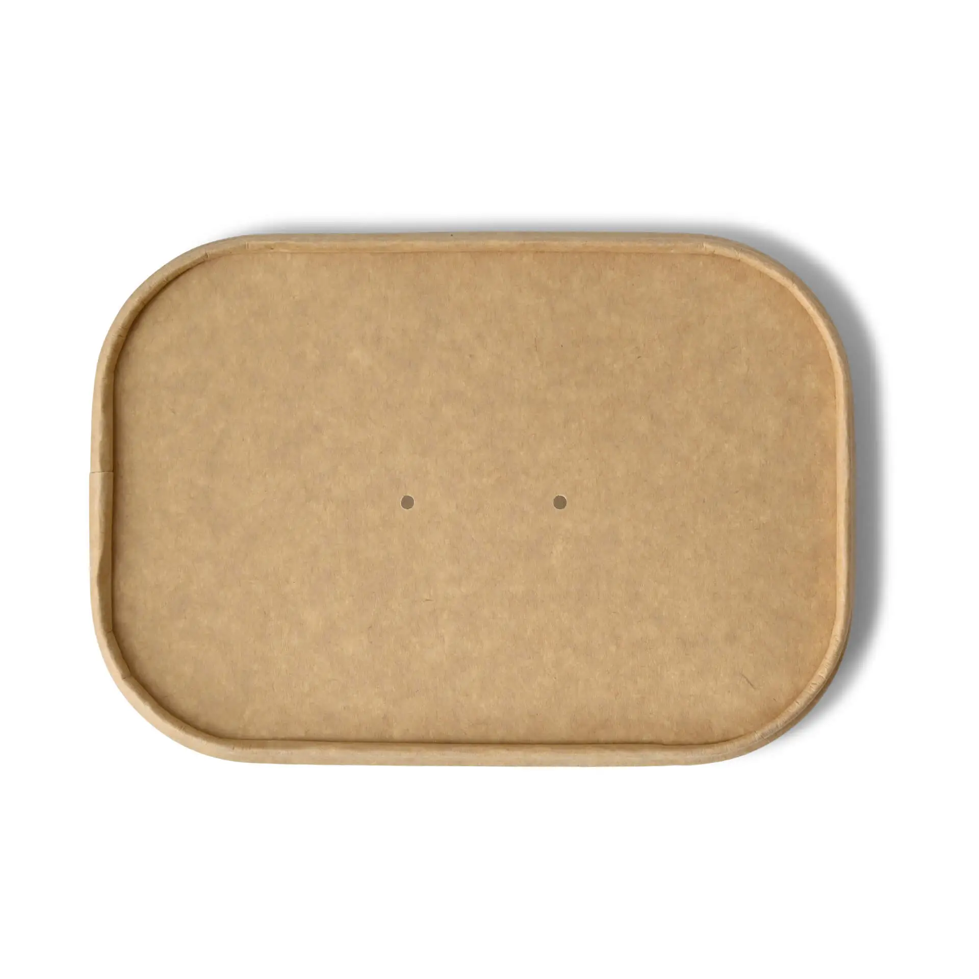 Coperchio rettangolare in cartone marrone, 17,5 x 12,5 cm, progettato per sigillare contenitori alimentari, con fori per il vapore.