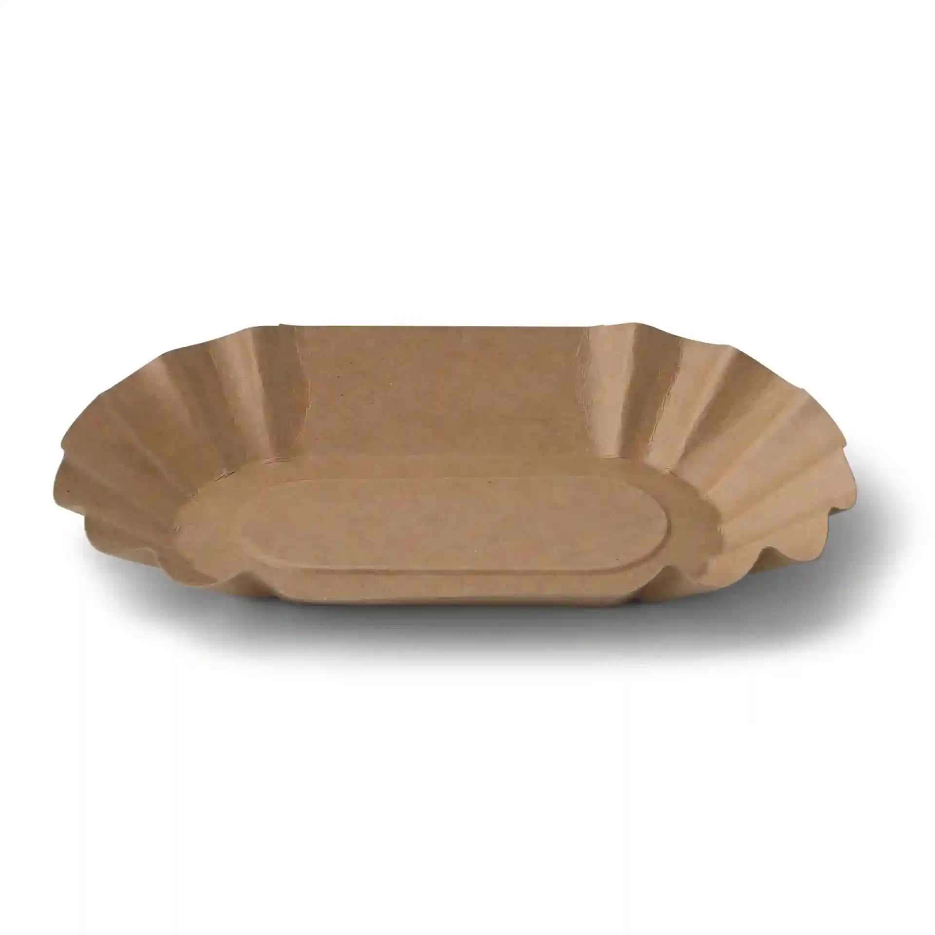 Vassoio alimentare ovale marrone in cartone, misura 19,5 x 11 x 3 cm, con design profondo e senza rivestimento.
