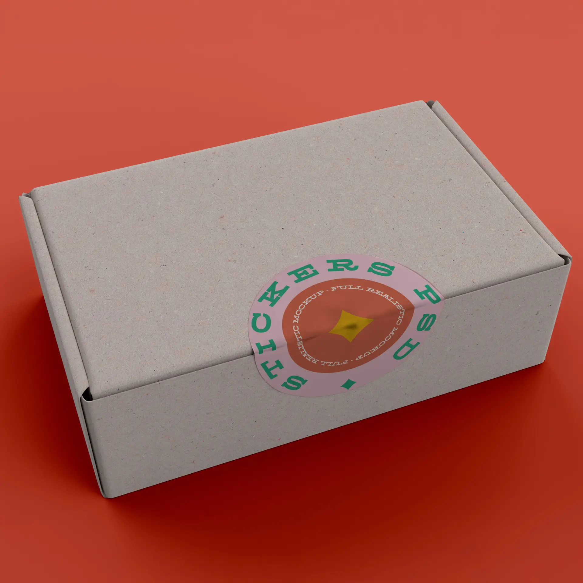 Scatola in carta kraft marrone con un'etichetta circolare che dice "Stickers" in lettere verdi.