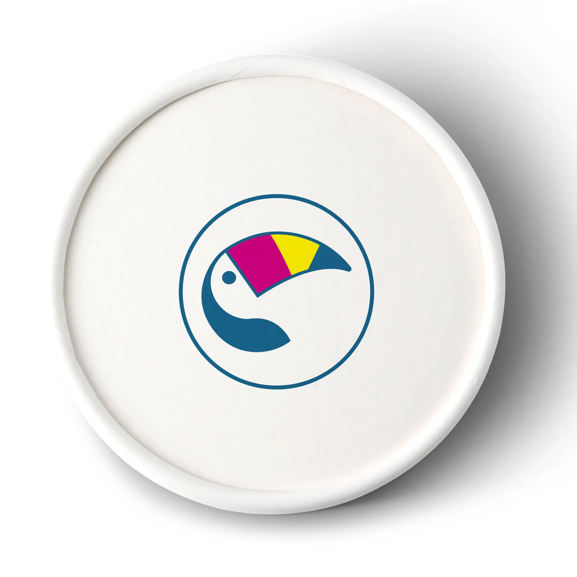 Coperchio in cartone stampato su misura per bicchieri di gelato, con un design colorato di tucano su sfondo bianco.
