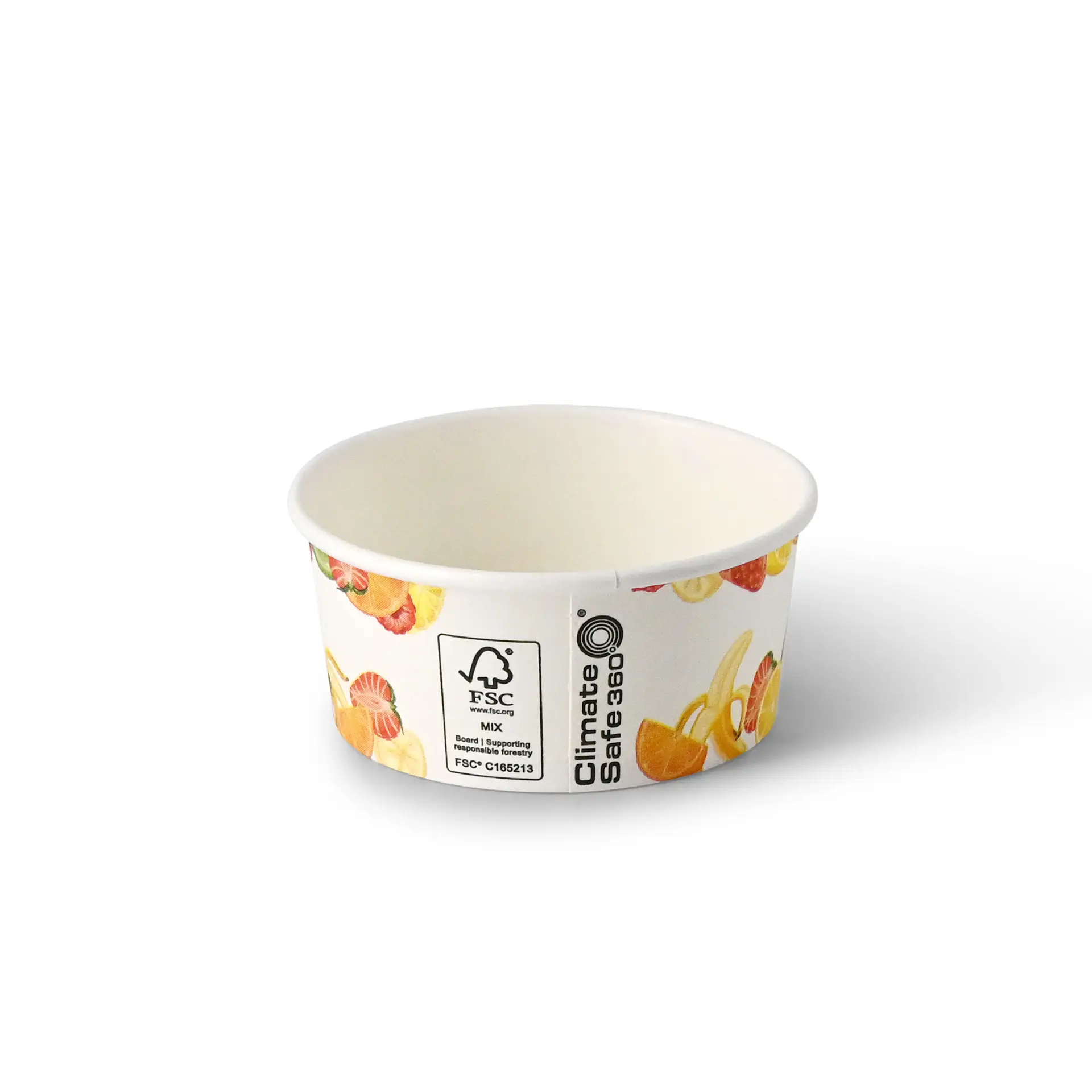 Cup di carta XS stampata con frutta; rivestita in PE per cibi caldi e freddi; adatta per vari snack.