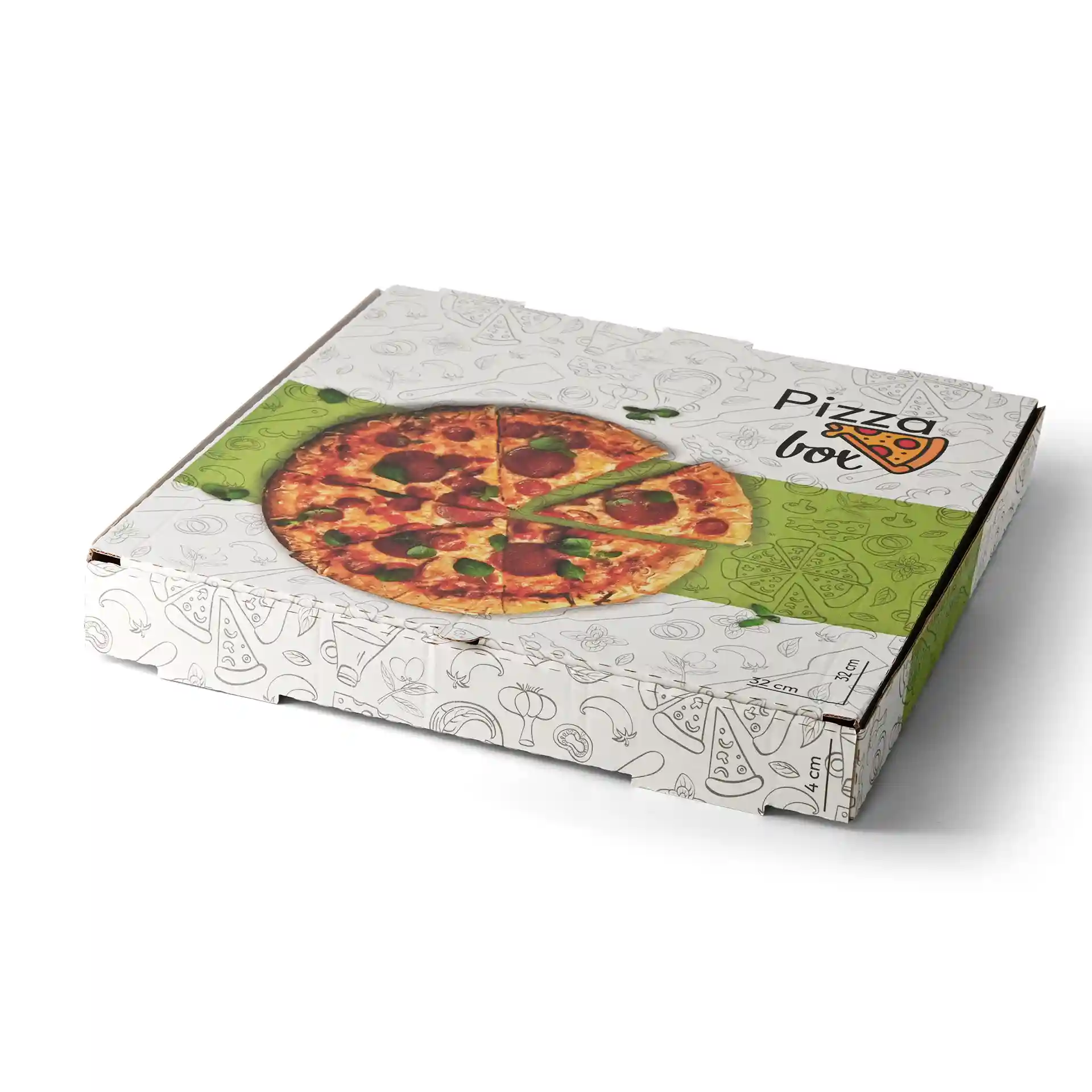 Scatola per pizza con grafica di pizza sopra, dimensioni 32 x 32 x 4 cm, design bianco con illustrazioni di cibo.