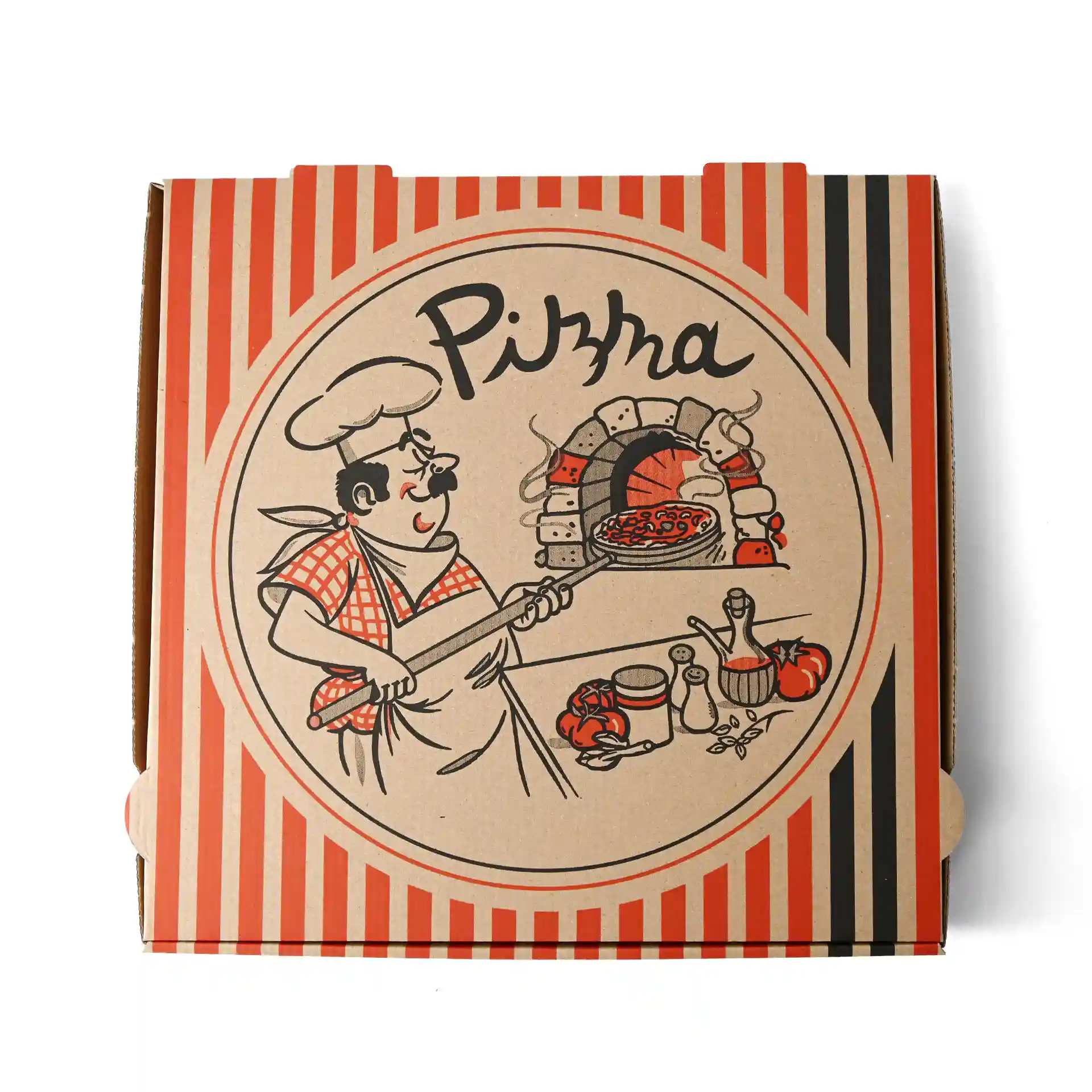 Scatola per pizza con design di chef pizzaiolo, colore marrone, dimensioni 30 x 30 x 4 cm.