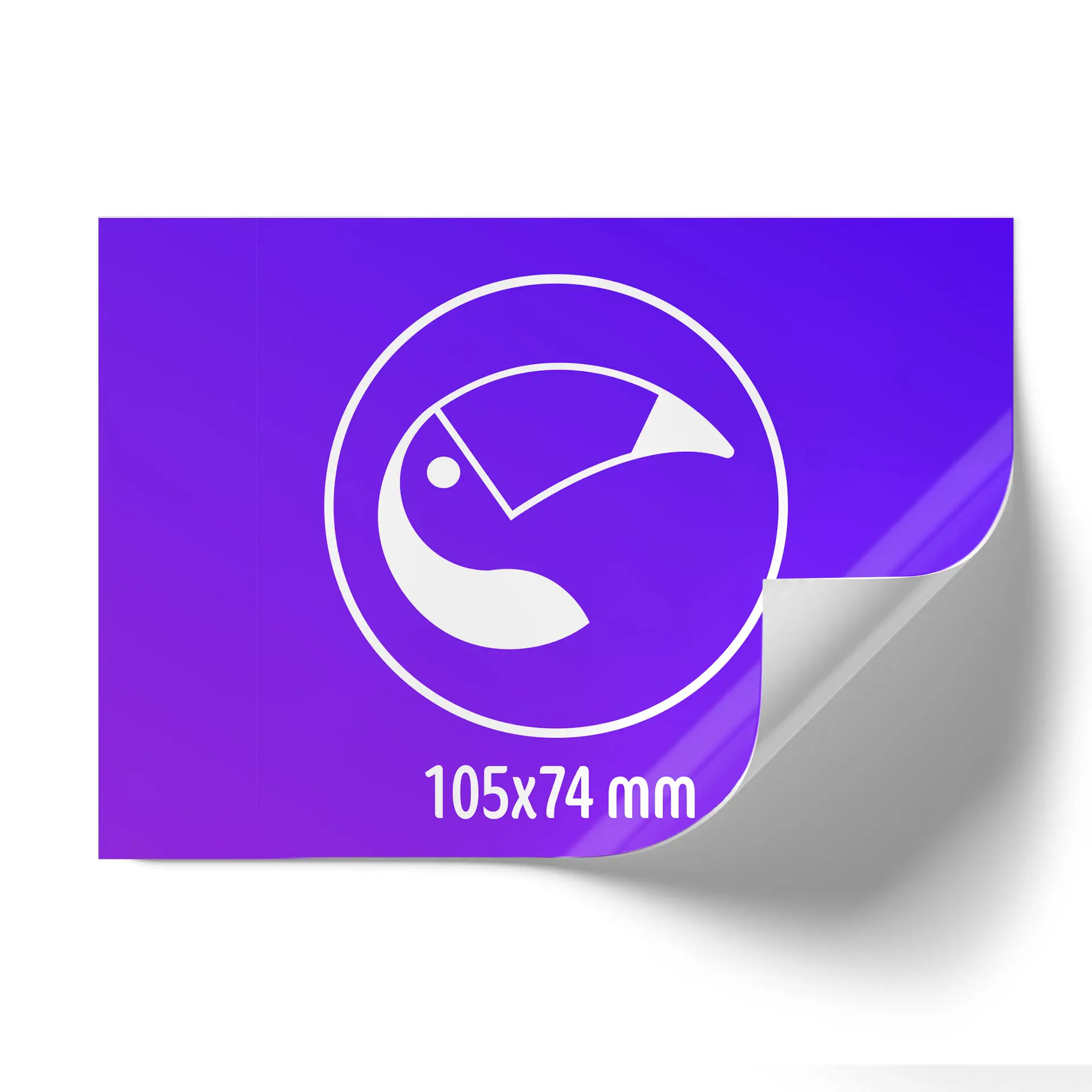 Design del logo con un emblema bianco su sfondo viola, dimensioni 105x74 mm.