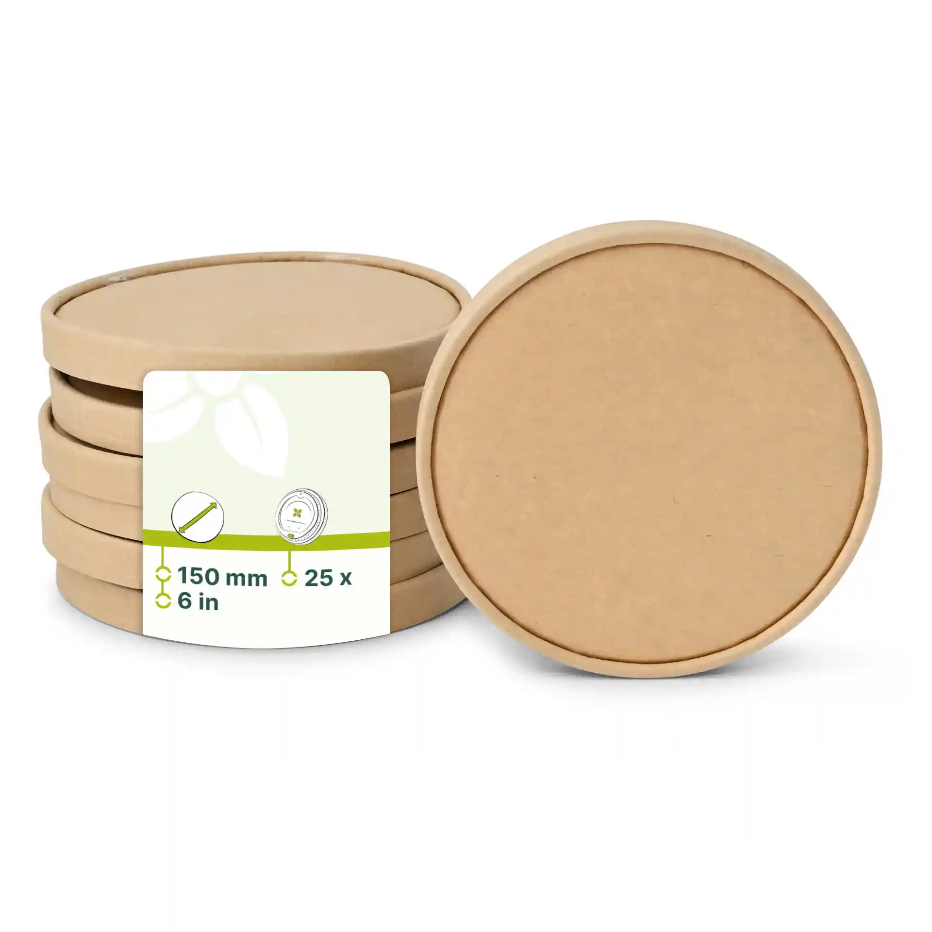 Coperchi di cartone rotondi marroni, diametro 150 mm, impilati con un'etichetta che mostra i dettagli del prodotto.