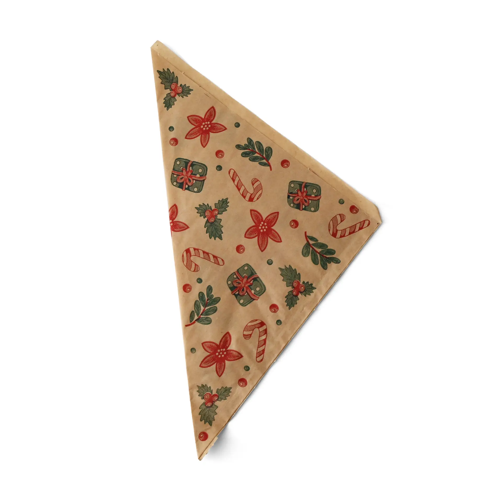 Borsa di carta marrone con design invernale che presenta fiori rossi, regali, bastoncini di zucchero e foglie verdi.