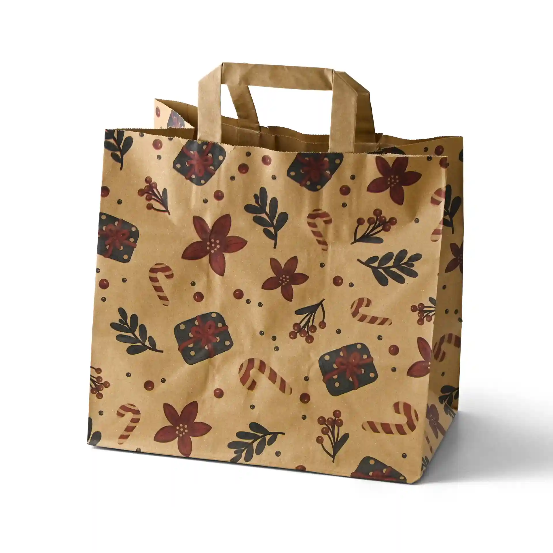 Borsa di carta marrone con design invernale, fiori, regali e bastoncini di zucchero, dimensioni 26 x 17 x 25 cm.