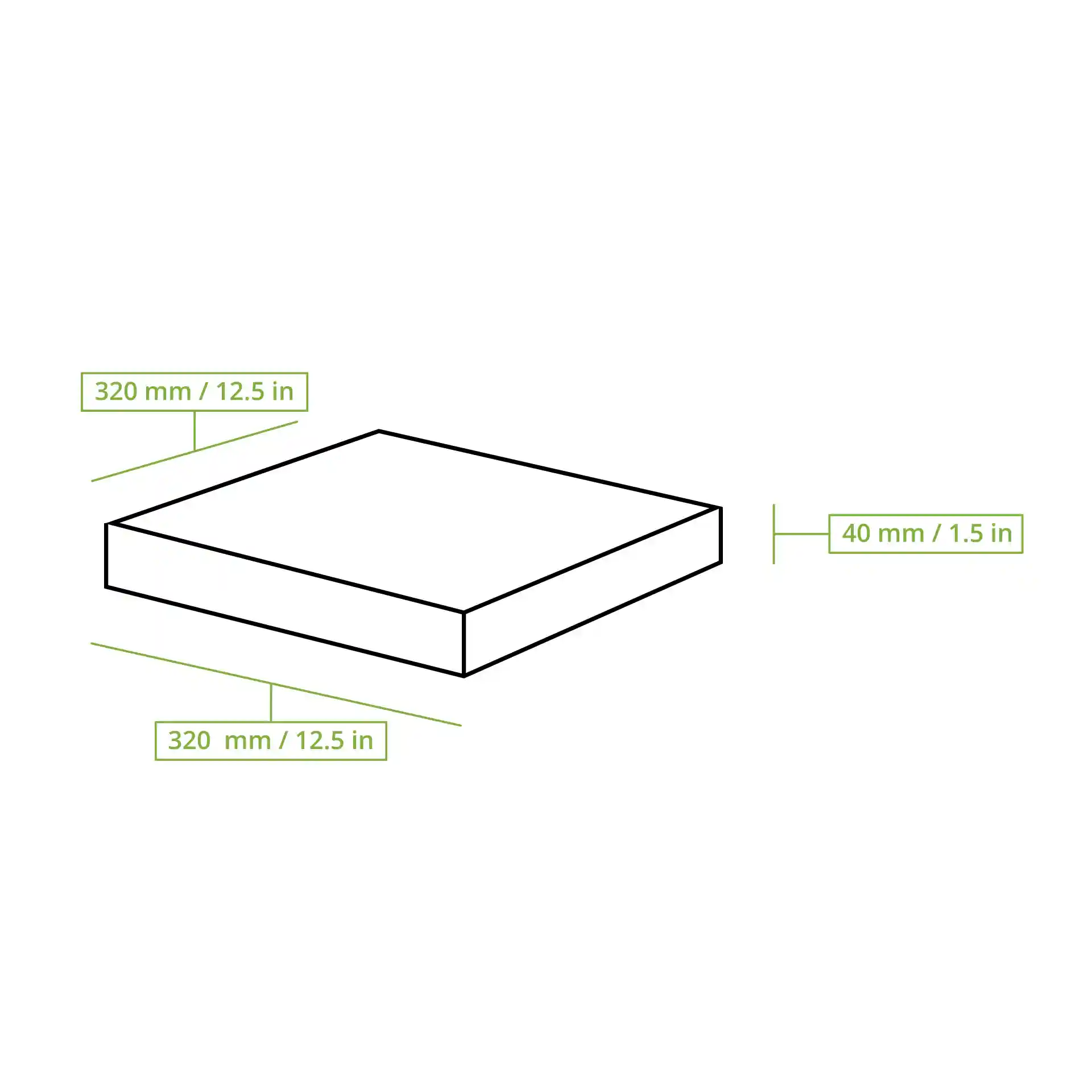 Disegno schematico di una scatola per pizza con dimensioni di 320 mm per 320 mm e altezza di 40 mm.