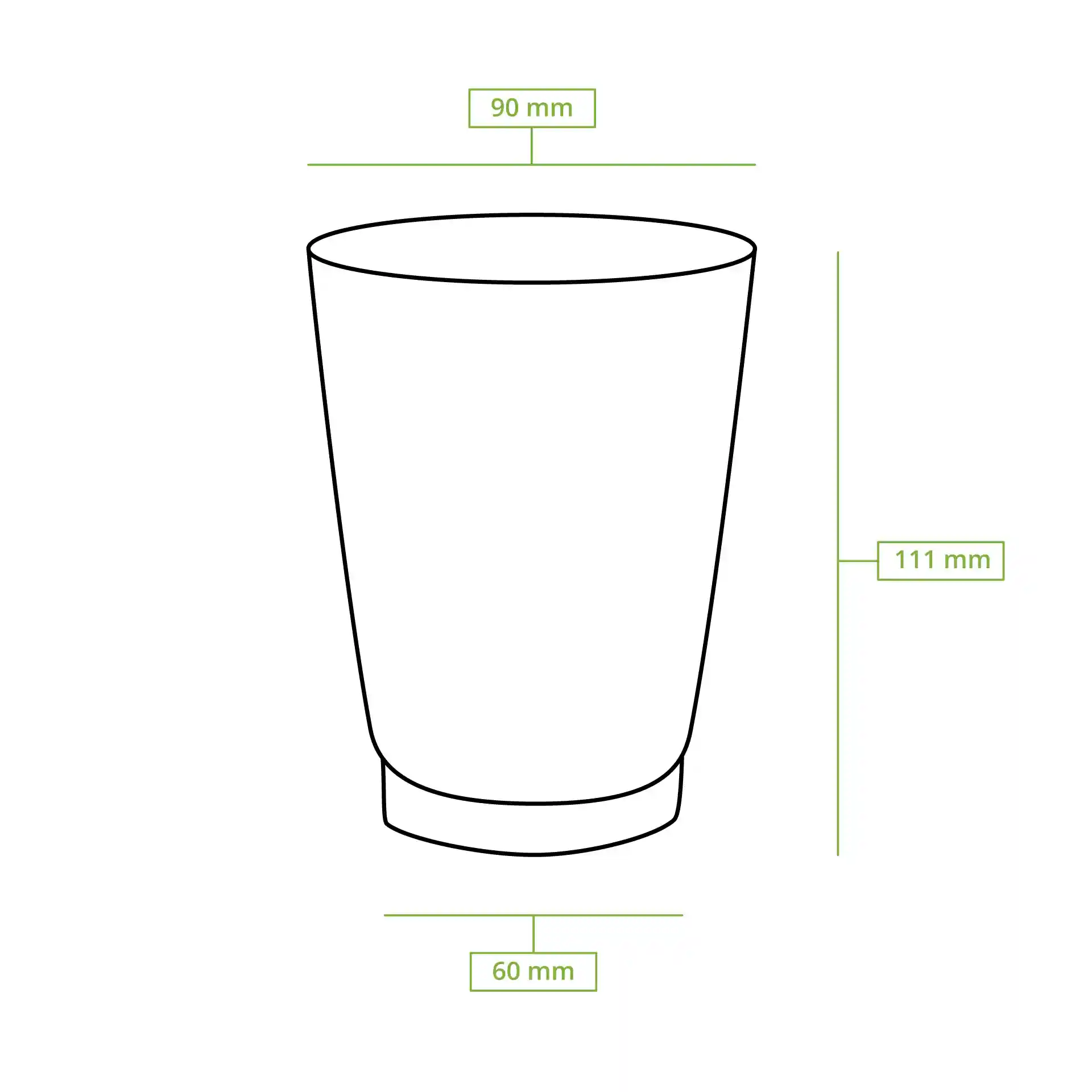 Disegno schematico di un bicchiere marrone a ondulazioni con dimensioni: diametro superiore 90 mm, diametro inferiore 60 mm, altezza 111 mm.