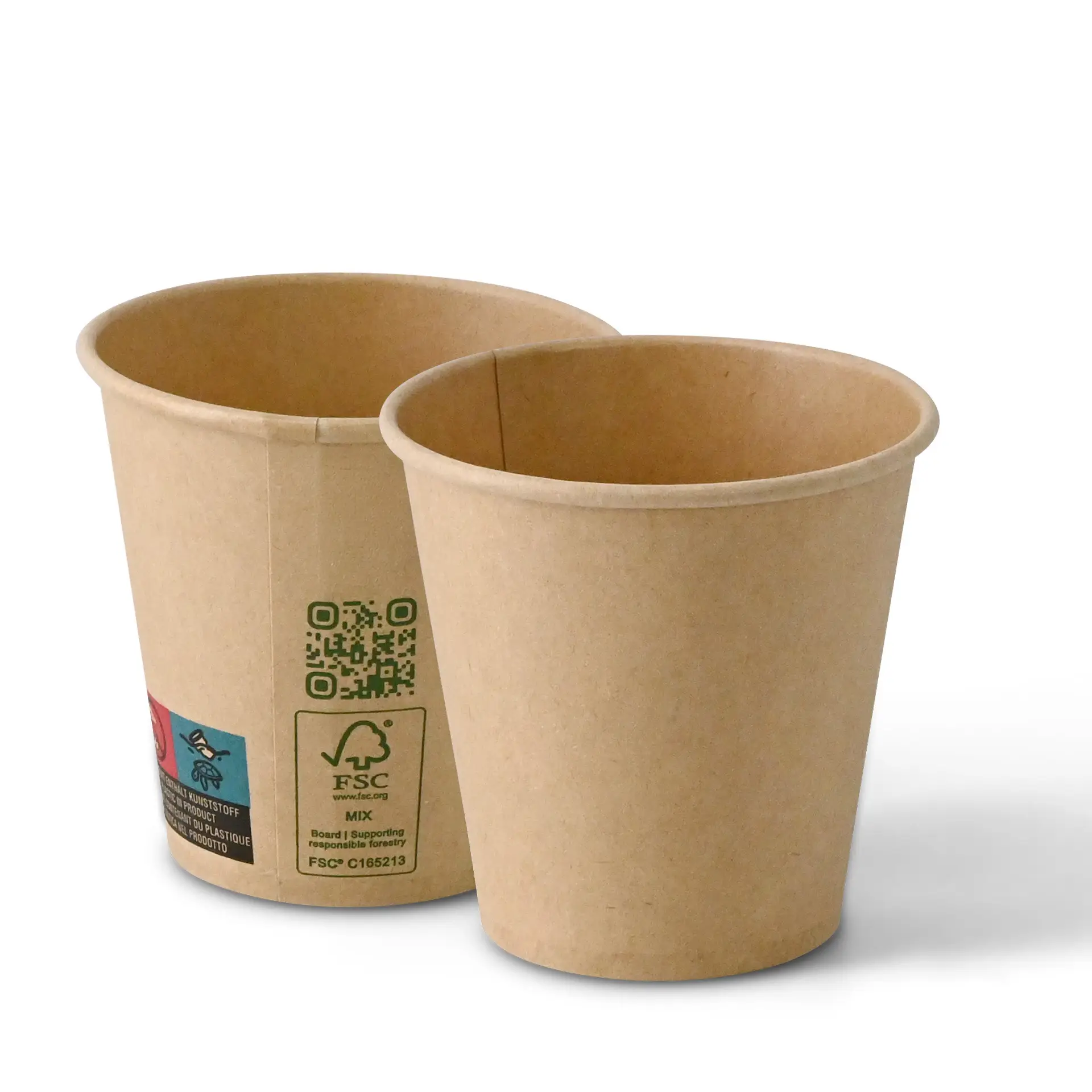 Bicchieri di carta marroni con parete singola, capacità di 150 ml e diametro di 80 mm, mostrati di lato.