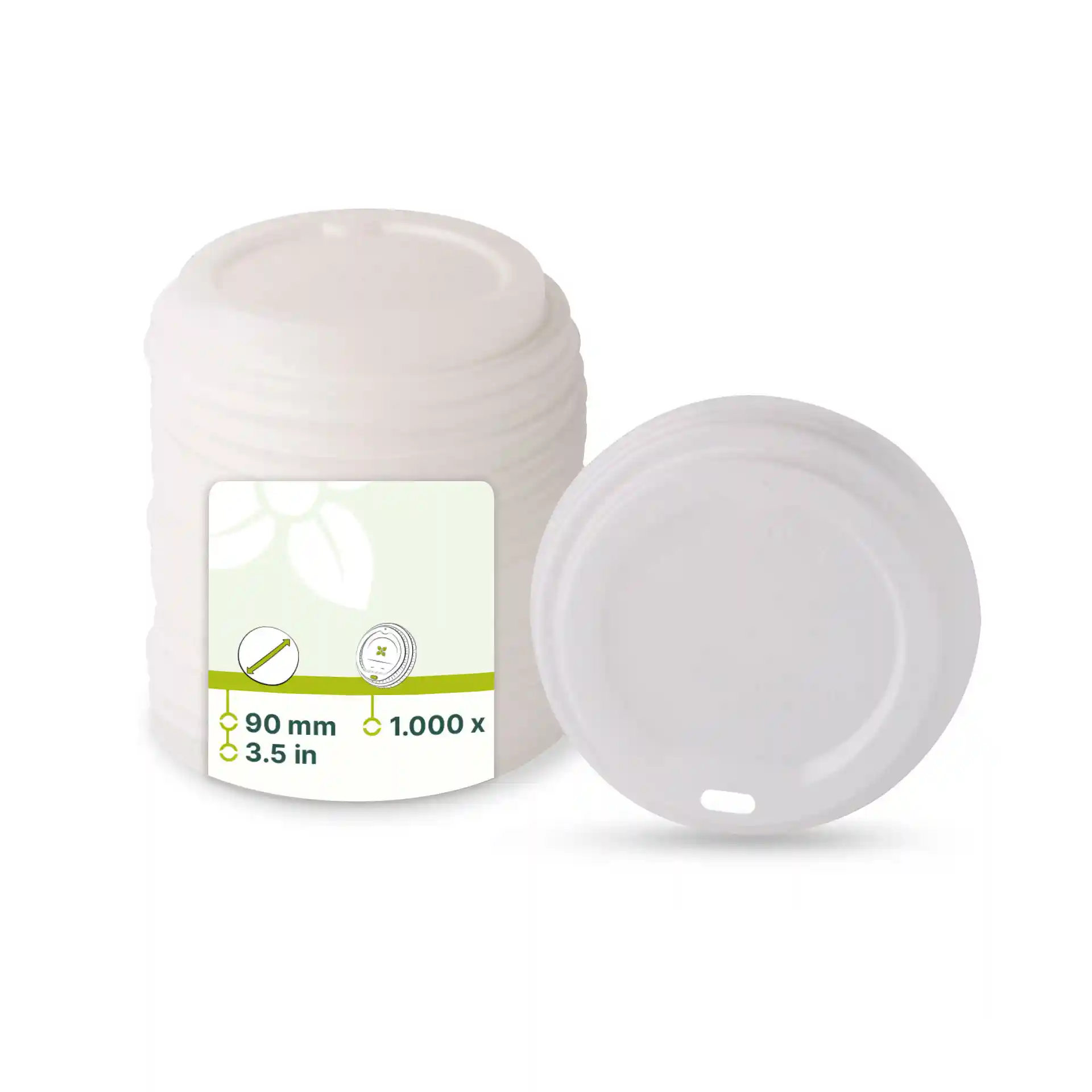 Coperchio CPLA bianco con foro per bere, diametro di 90 mm, impilato con un coperchio visibile accanto.