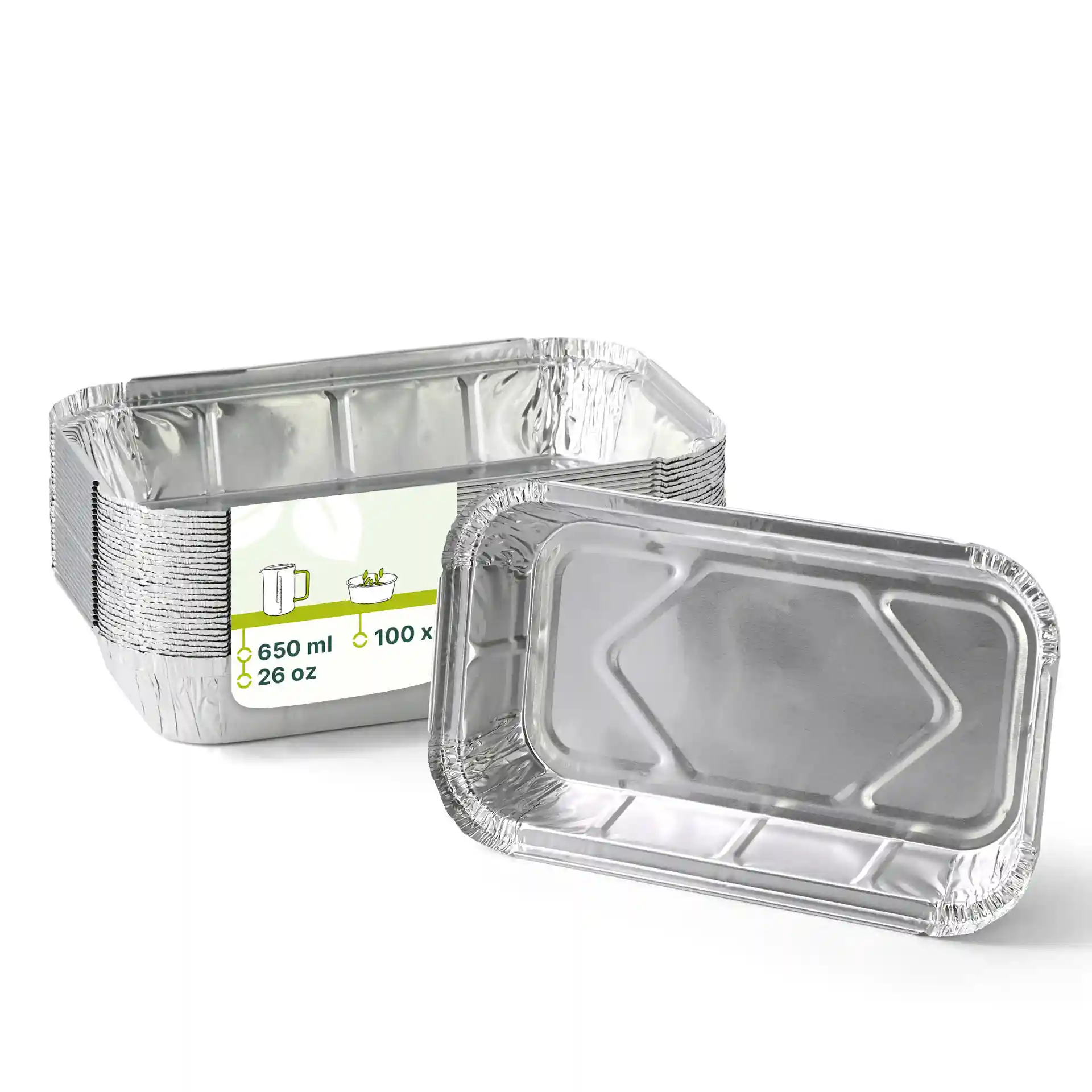 Contenitori in alluminio rettangolari di 22,4 x 13,2 x 3,4 cm, con un volume di riempimento di 650 ml.