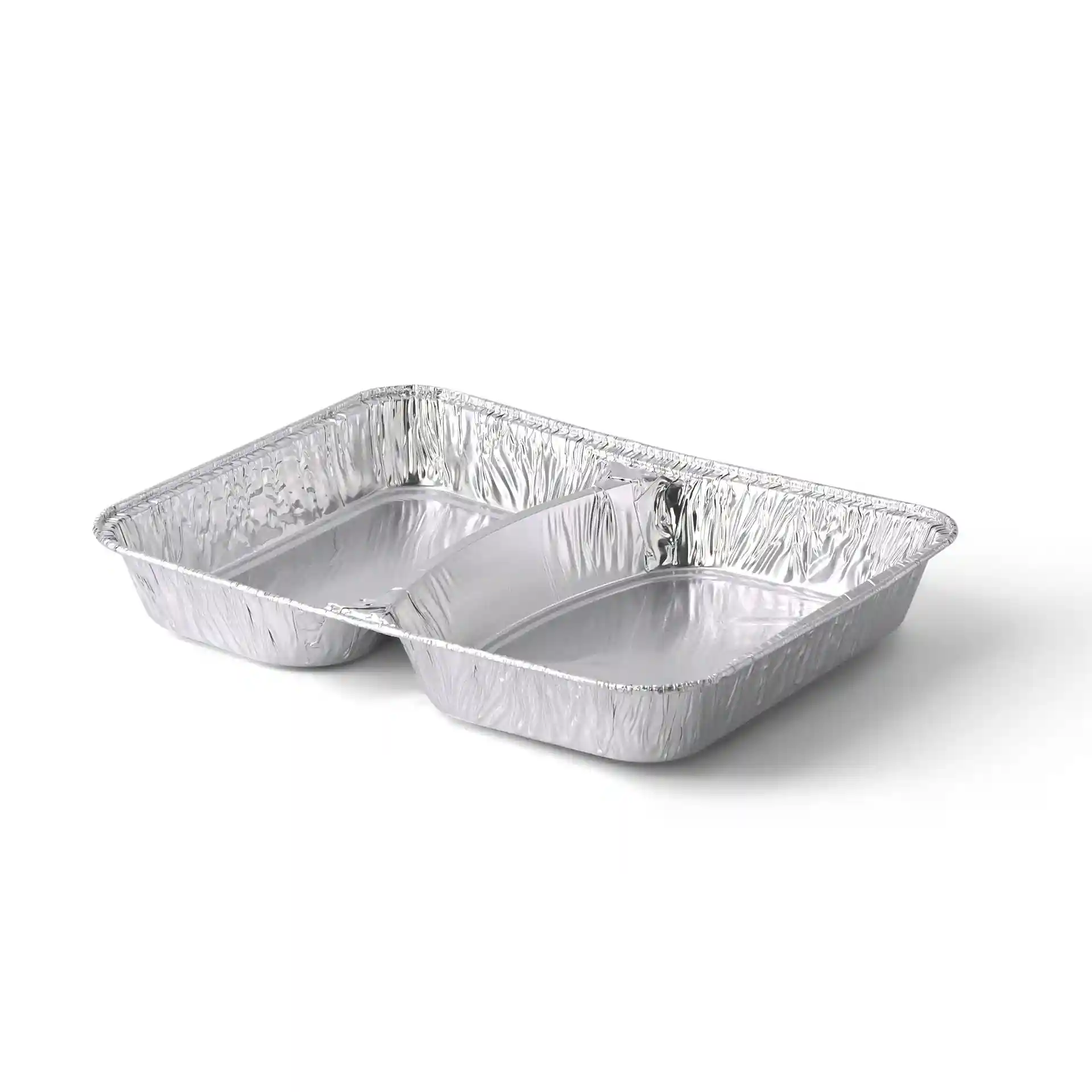 Vassoio per pasti in alluminio con due scomparti, forma rettangolare, misura 22,7 x 17,7 x 3 cm.