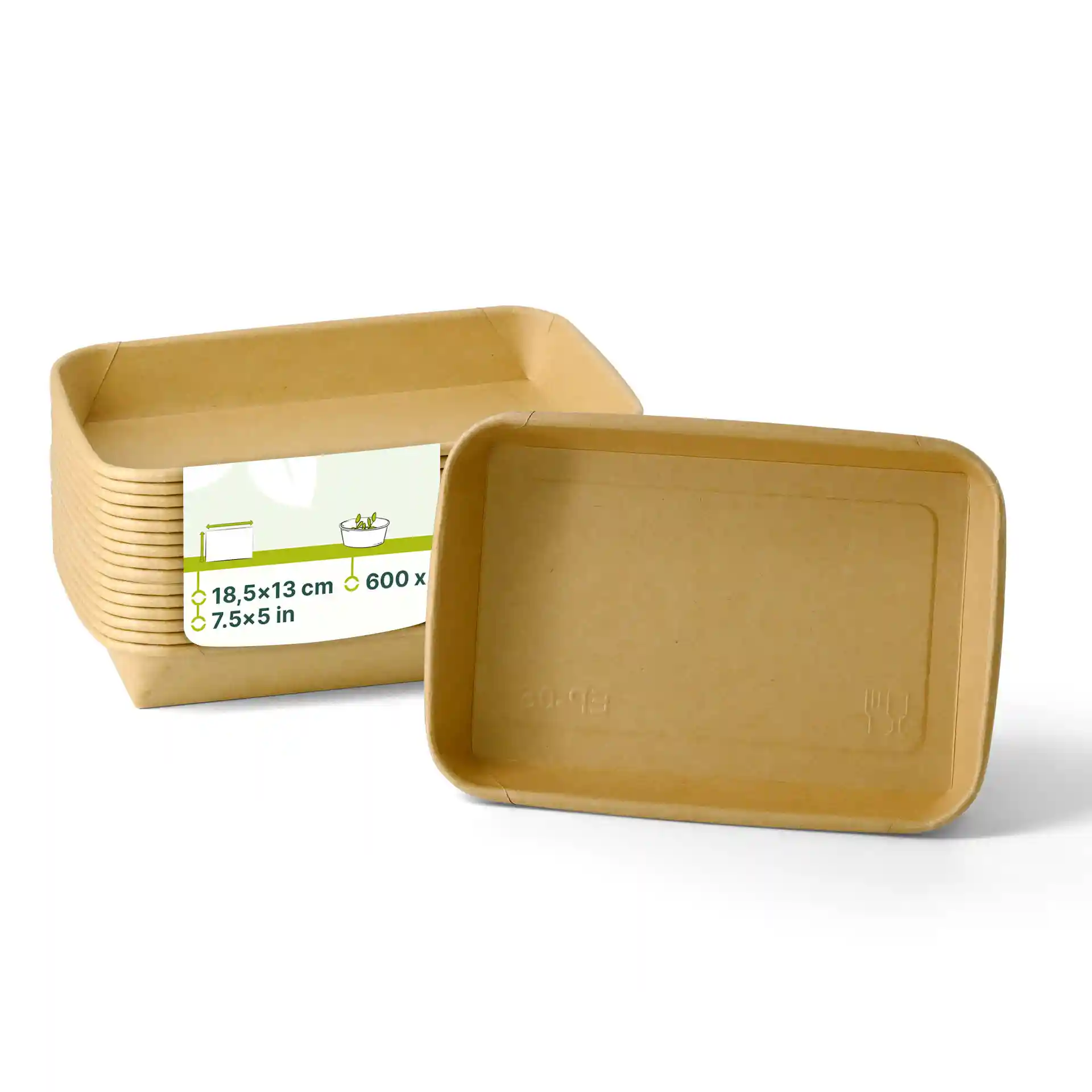Scatole di sushi marroni con dimensioni 18,5 x 13 x 2,5 cm, una scatola in verticale e diverse impilate dietro.