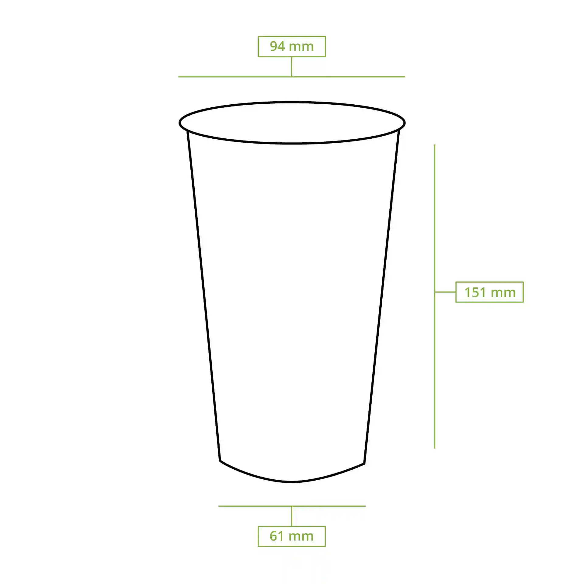 Disegno schematico di un bicchiere trasparente con dimensioni: altezza 151 mm, diametro superiore 95 mm, diametro base 61 mm.