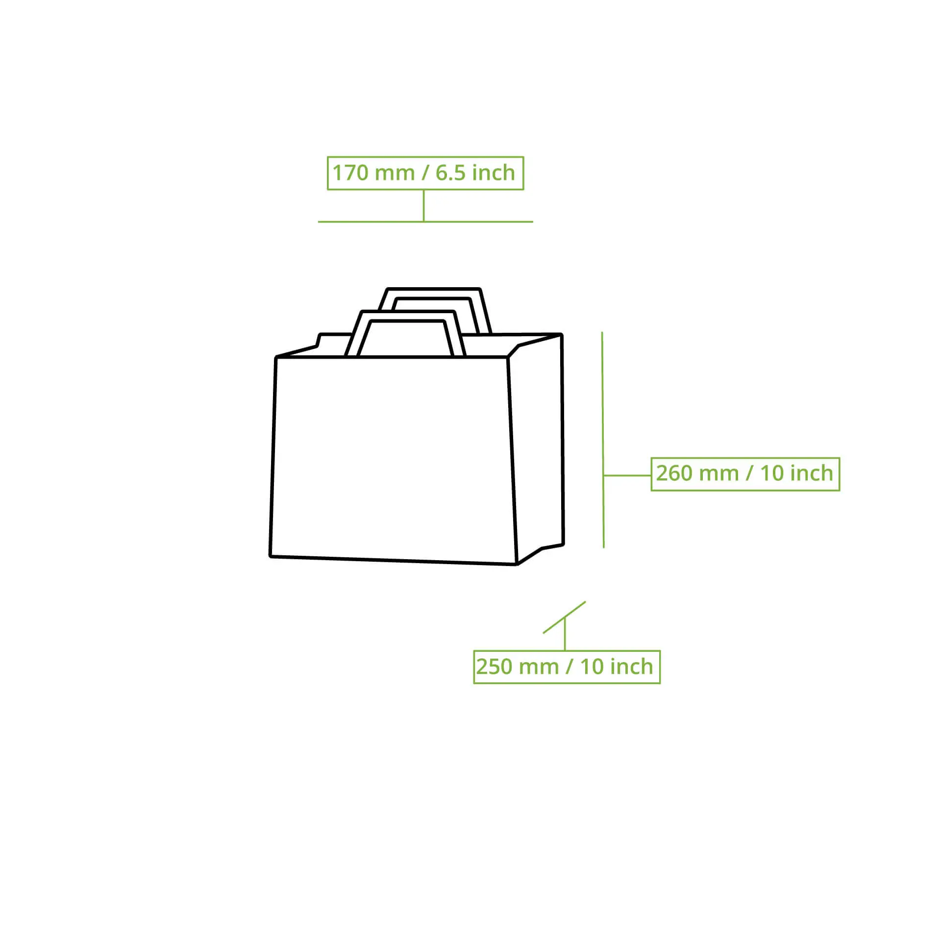 Disegno schematico di una borsa di carta con dimensioni etichettate: 260 mm di lunghezza, 170 mm di larghezza e 250 mm di altezza.