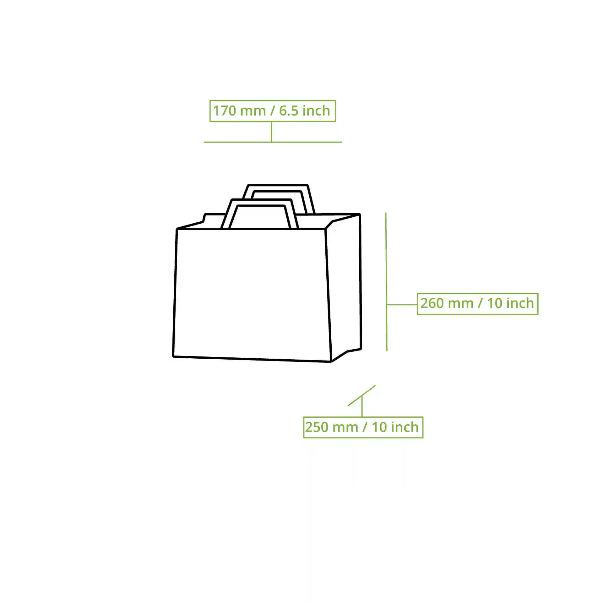 Disegno schematico di una borsa di carta con dimensioni etichettate: 260 mm di lunghezza, 170 mm di larghezza e 250 mm di altezza.