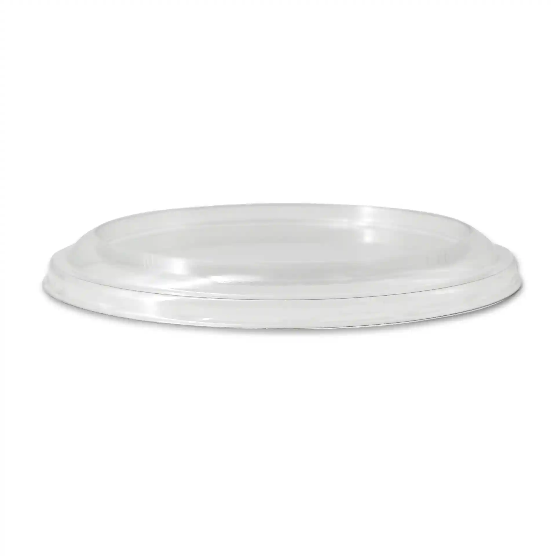 Coperchio rotondo in rPET trasparente con un diametro di 123 mm e un'altezza di 12 mm.