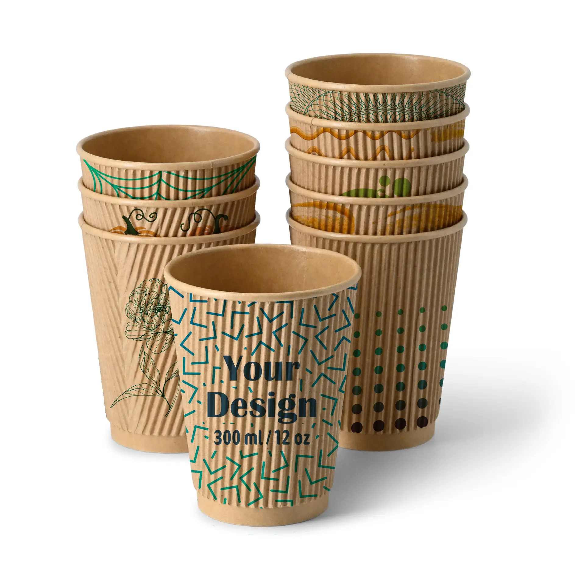 Riffelbecher bedruckt, 300 ml / 12 oz, braun, PE-beschichtet