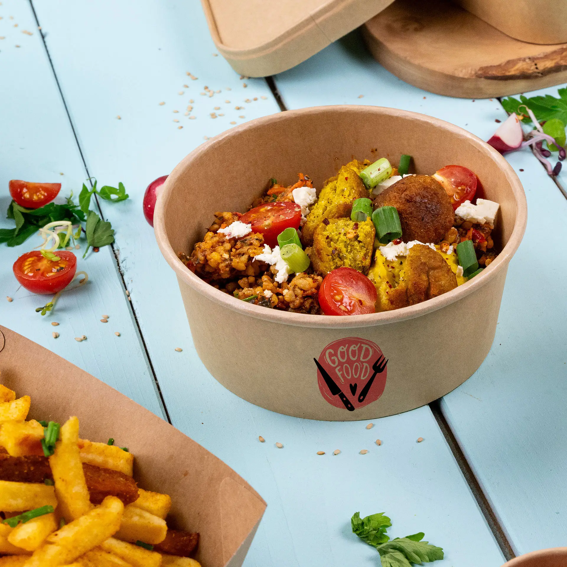 Ciotole per insalata personalizzate / Bowls stampate, 650 ml, Ø 150 mm, marrone, con rivestimento PE